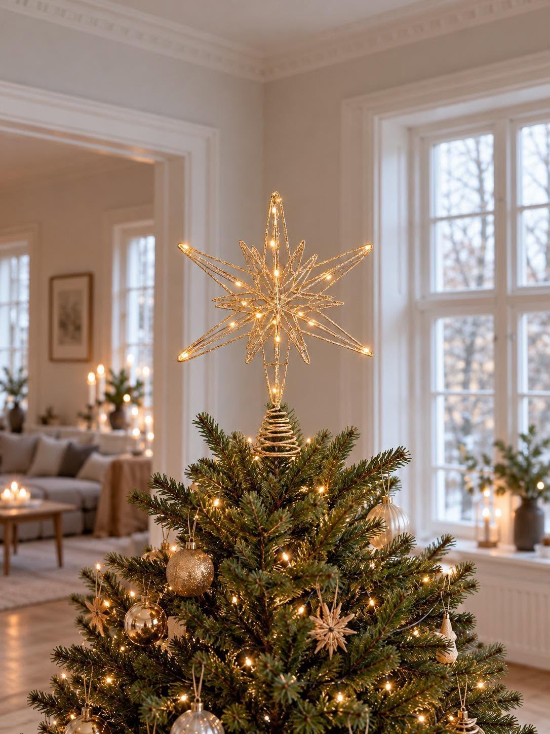 Stjerne med 20 LED lys – champagne-guld