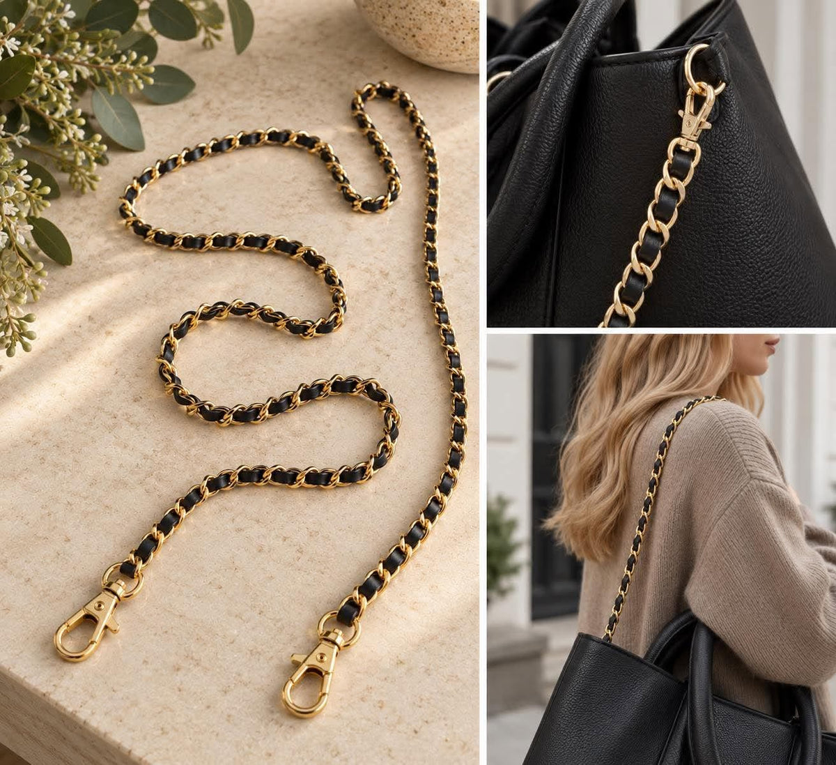 Taskerem kæde med læder - Black/Gold 124cm