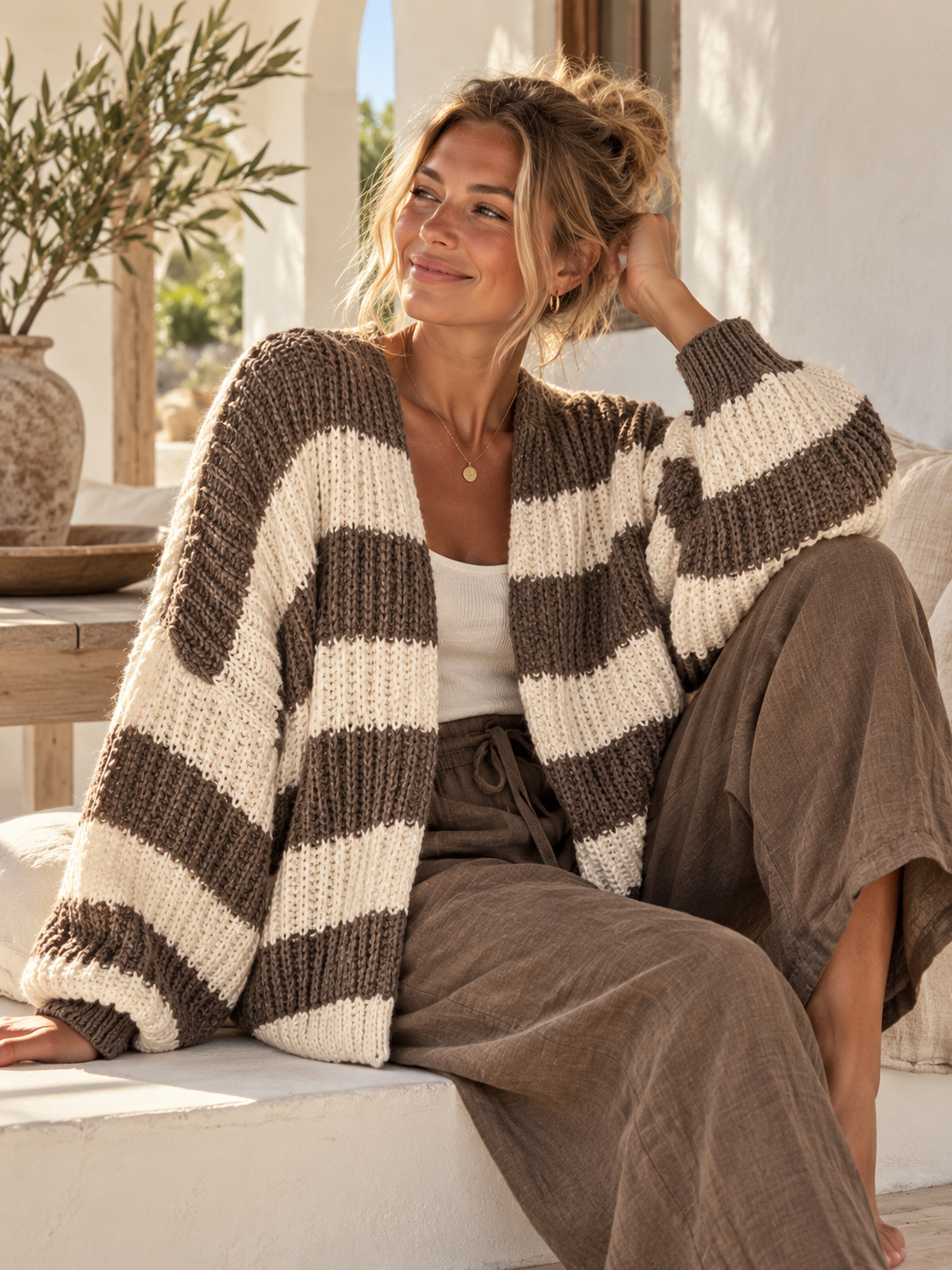 Chunky cardigan – brun og beige