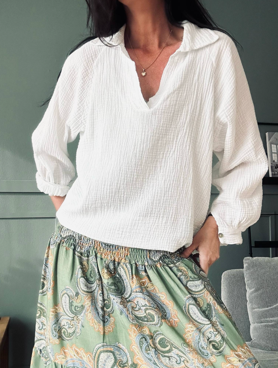 Bluse ALBA i vaflet bomuld – Hvid
