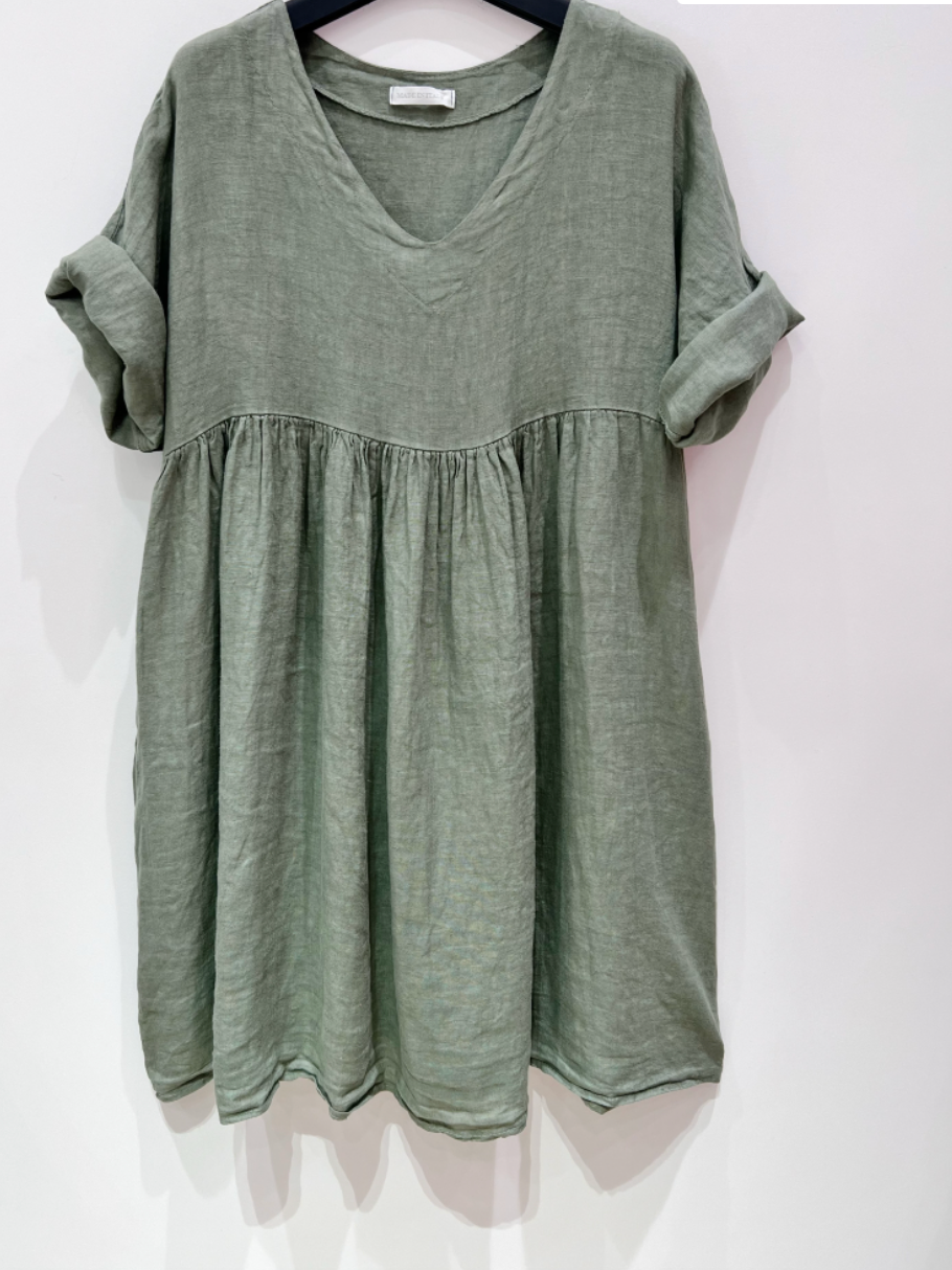 V-neck hør kjole - Dusty green