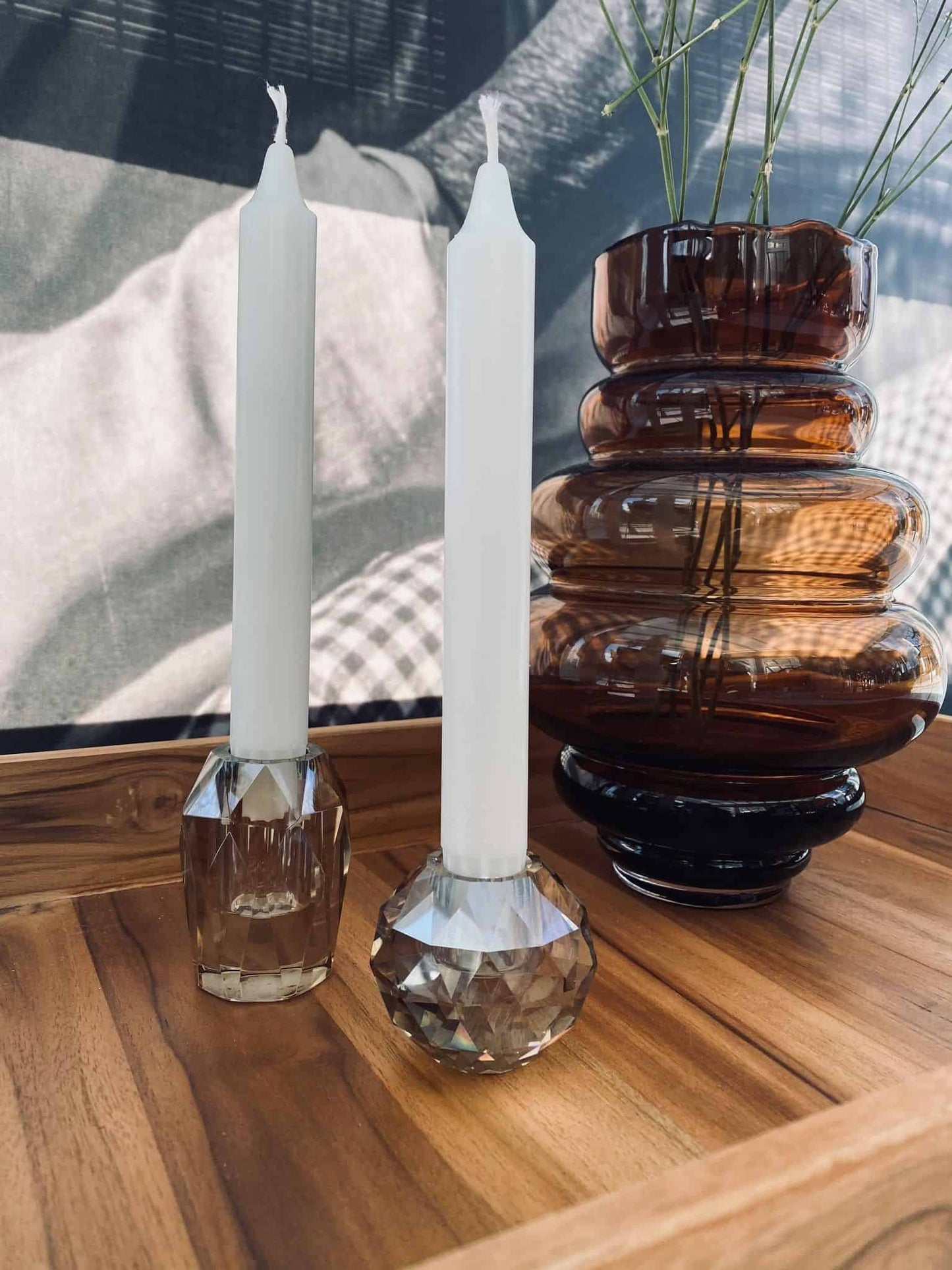 Diamant Lysestage i champagnefarvet glas - VIAMAJA.DK