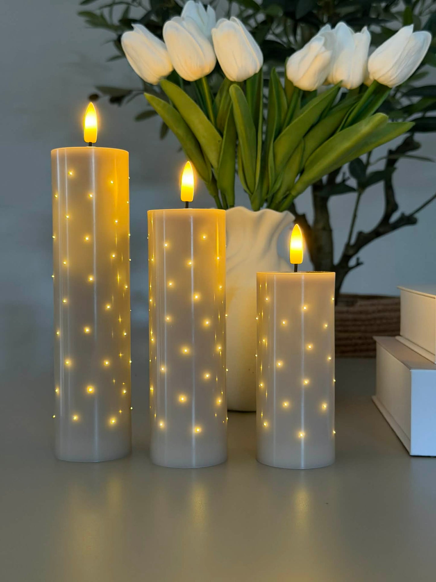 LED Bloklys TWINKLE beige - Sæt med 3 lys.