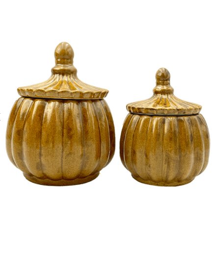 Keramik krukke med låg – Okker // Lille - VIAMAJA.DK