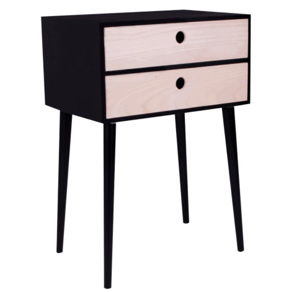 Sengebord / kommode i sort med 2 skuffer i naturtræ. - VIAMAJA.DK