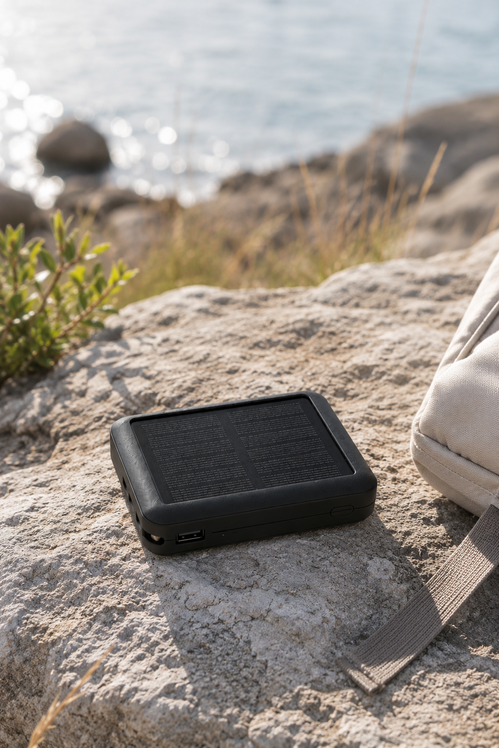 Mini solar powerbank med kabler, 10.000 mAh