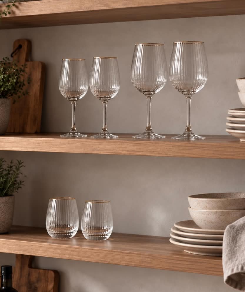 Vandglas Rillet med guld kant - 4 stk.
