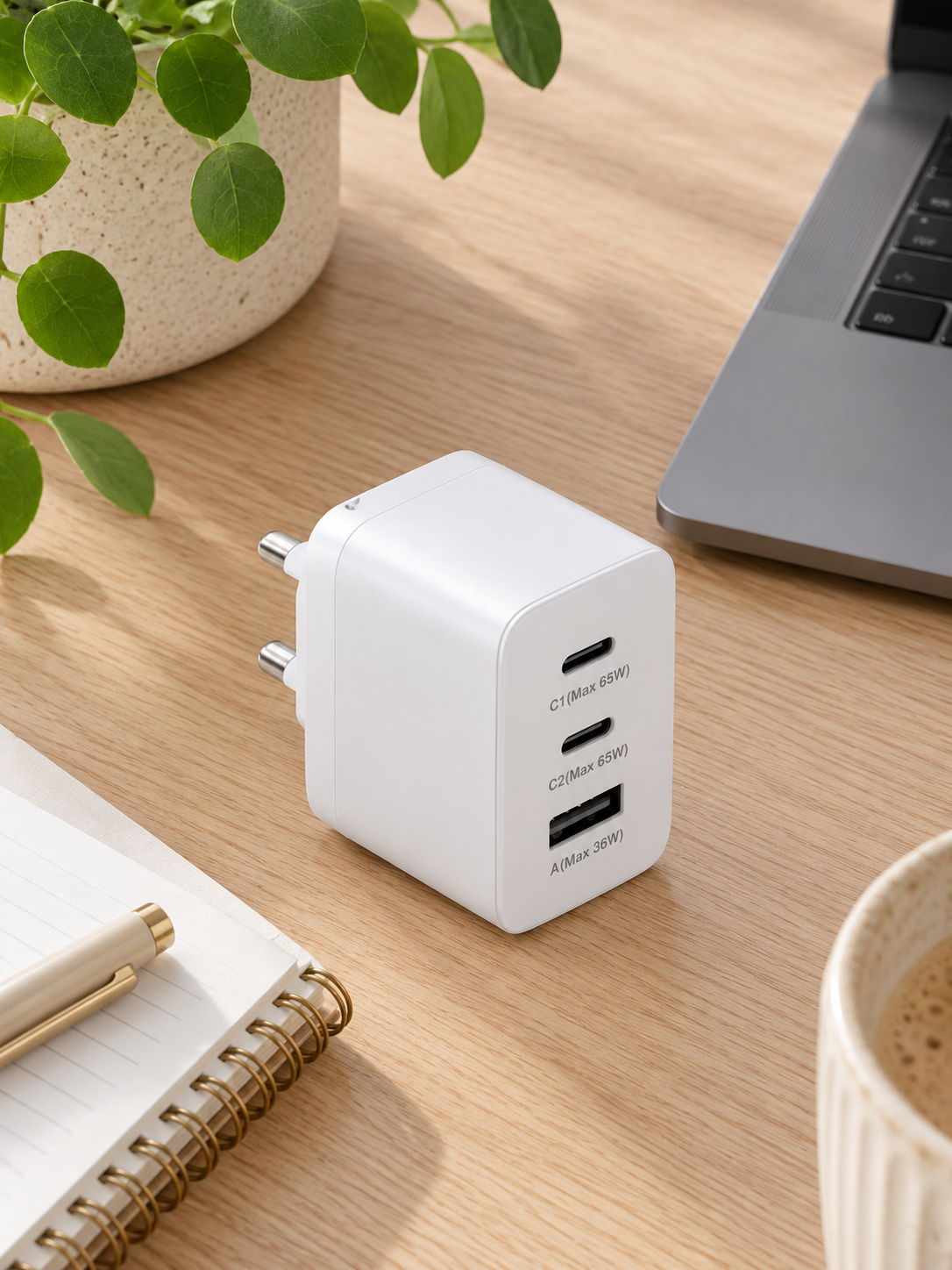Hurtig USB-C-oplader med 3 porte