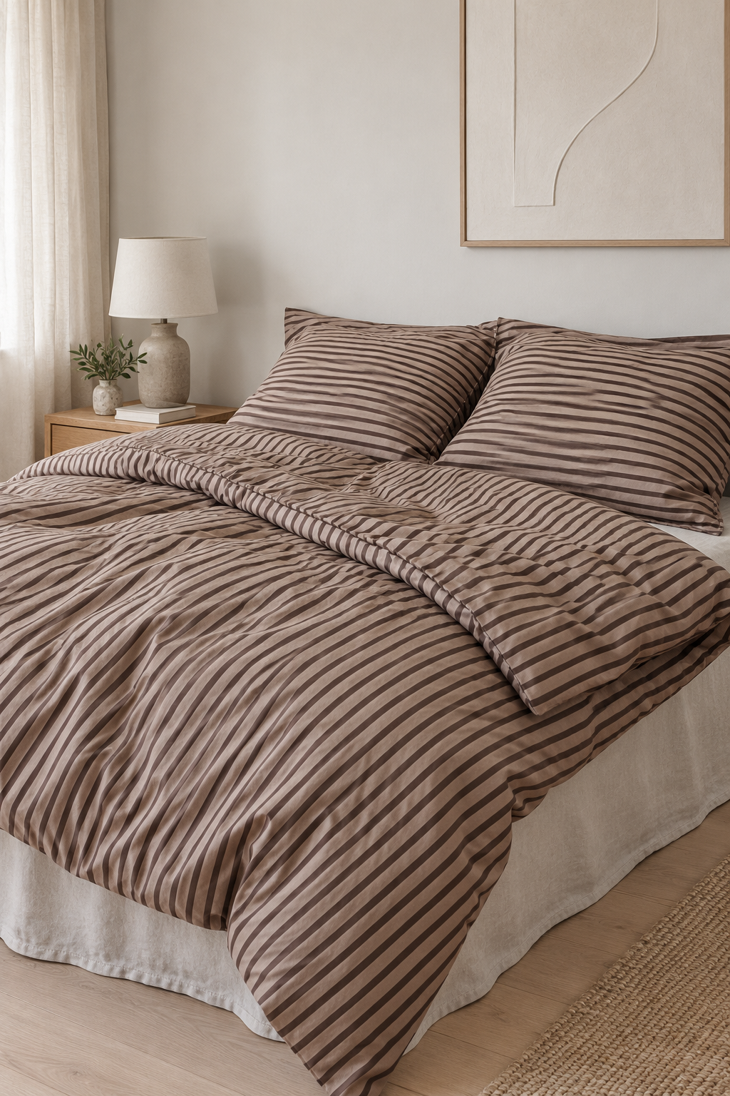 Stribet sengetøj beige strib  140x200