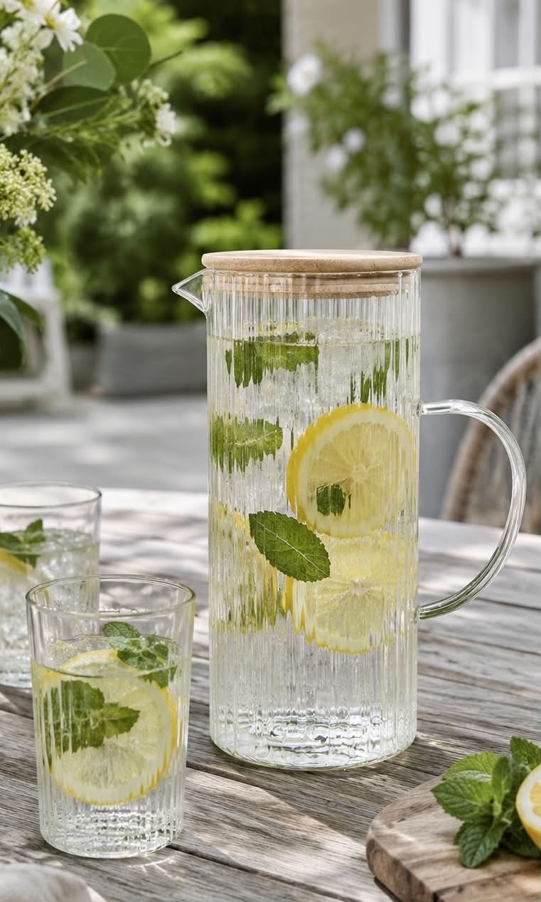 Glas kande med bambus låg