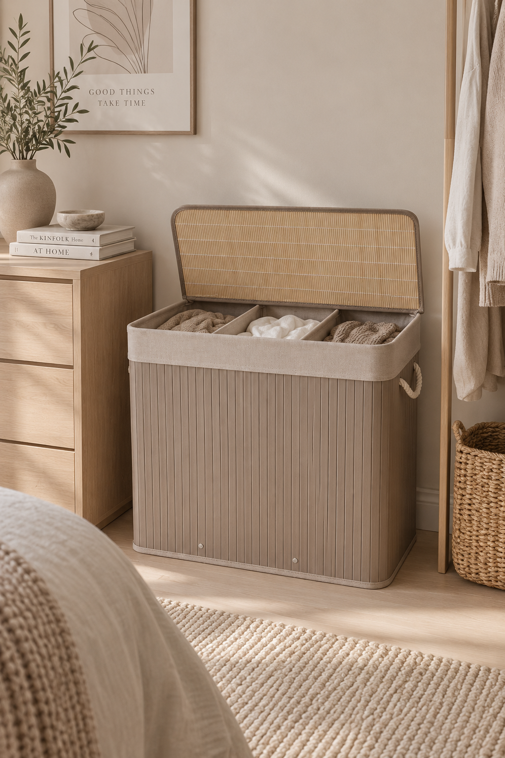 Vasketøjskurv Beige – Bambus med tre rum