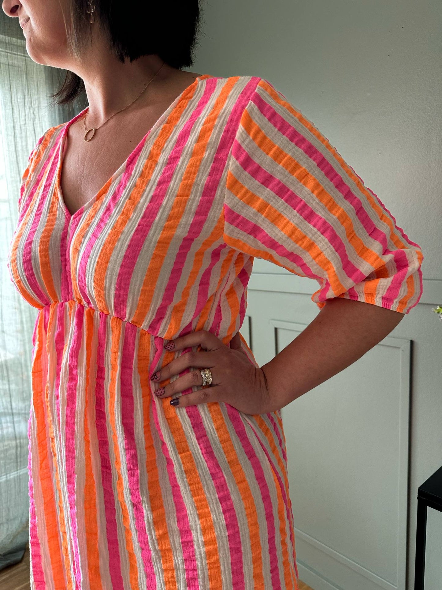 Kjole Andrea - Stripe Fuxia/Orange