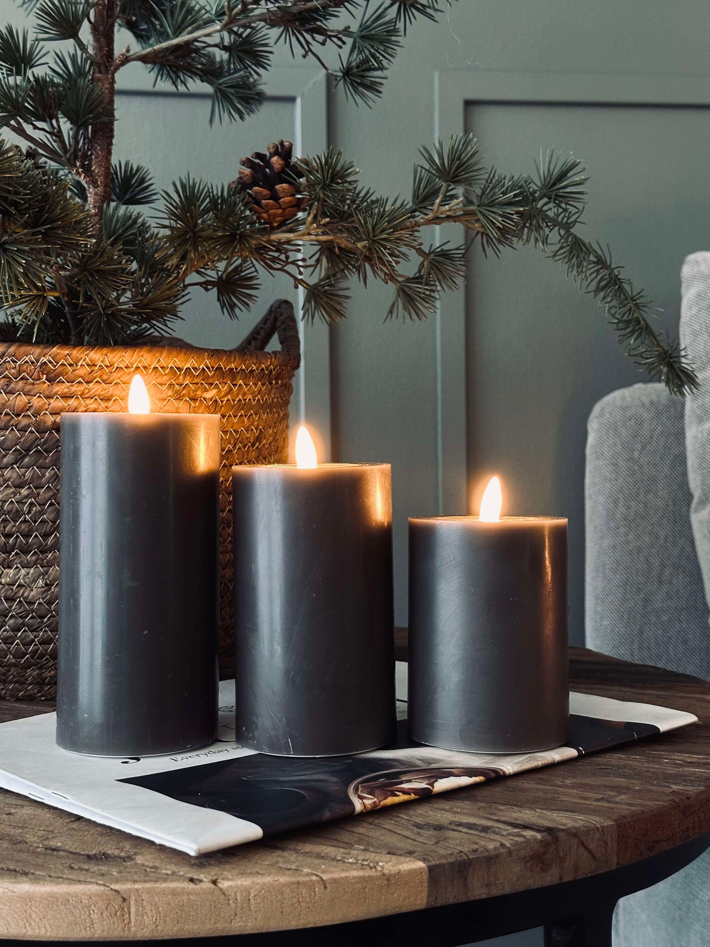 LED Bloklys / Grå – 3 stk bloklys