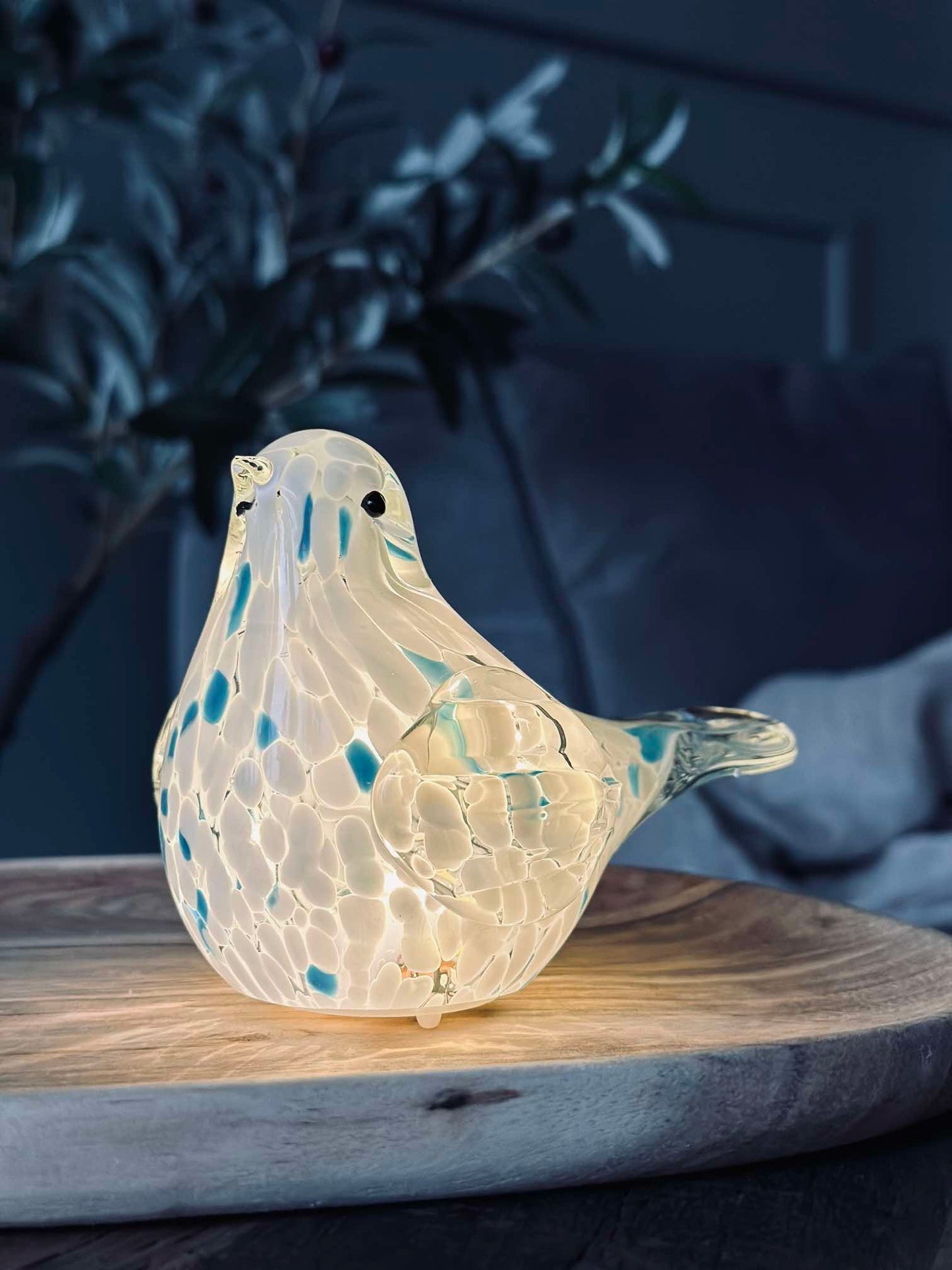 LED Fugl i mundblæst glas - Hvid