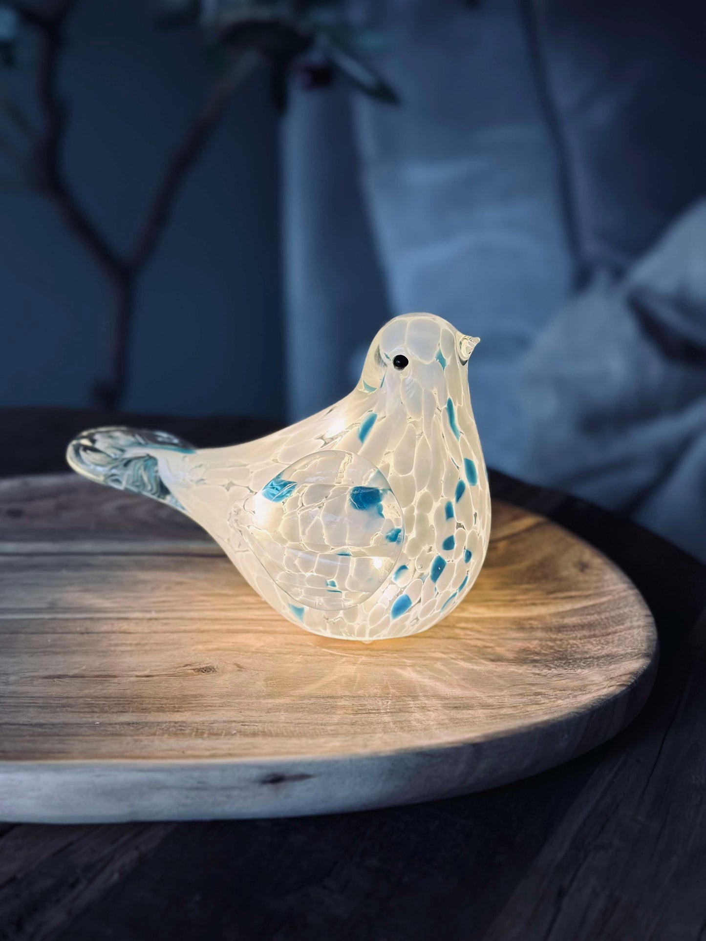 LED Fugl i mundblæst glas - Hvid