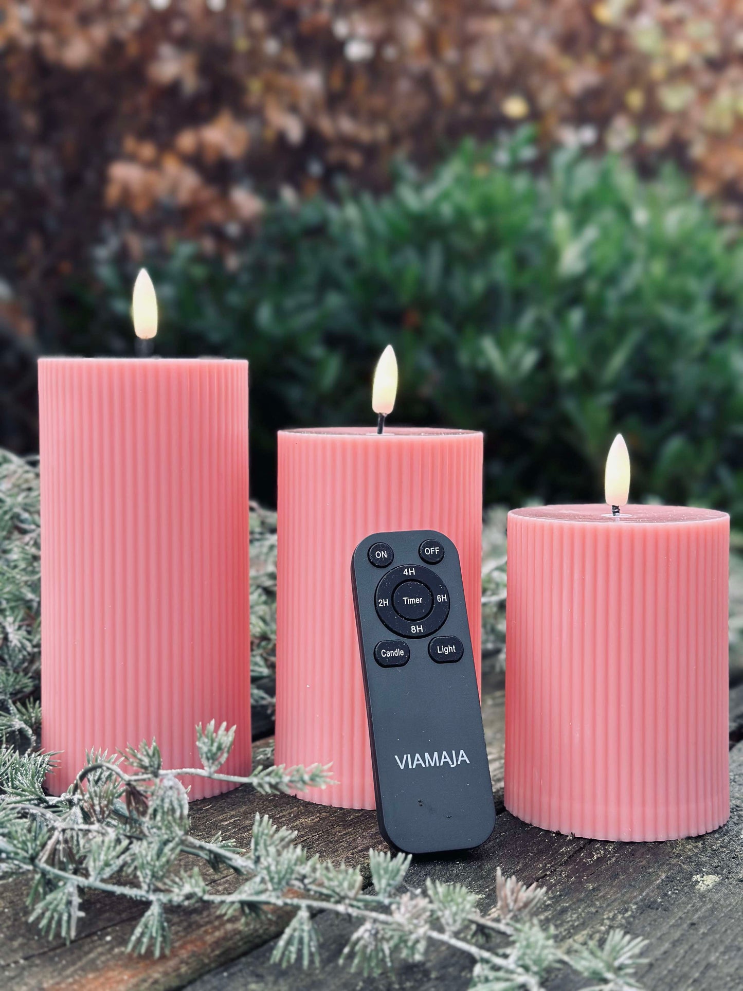 LED udendørs Bloklys med riller - Sæt af 3 stk - Rosa