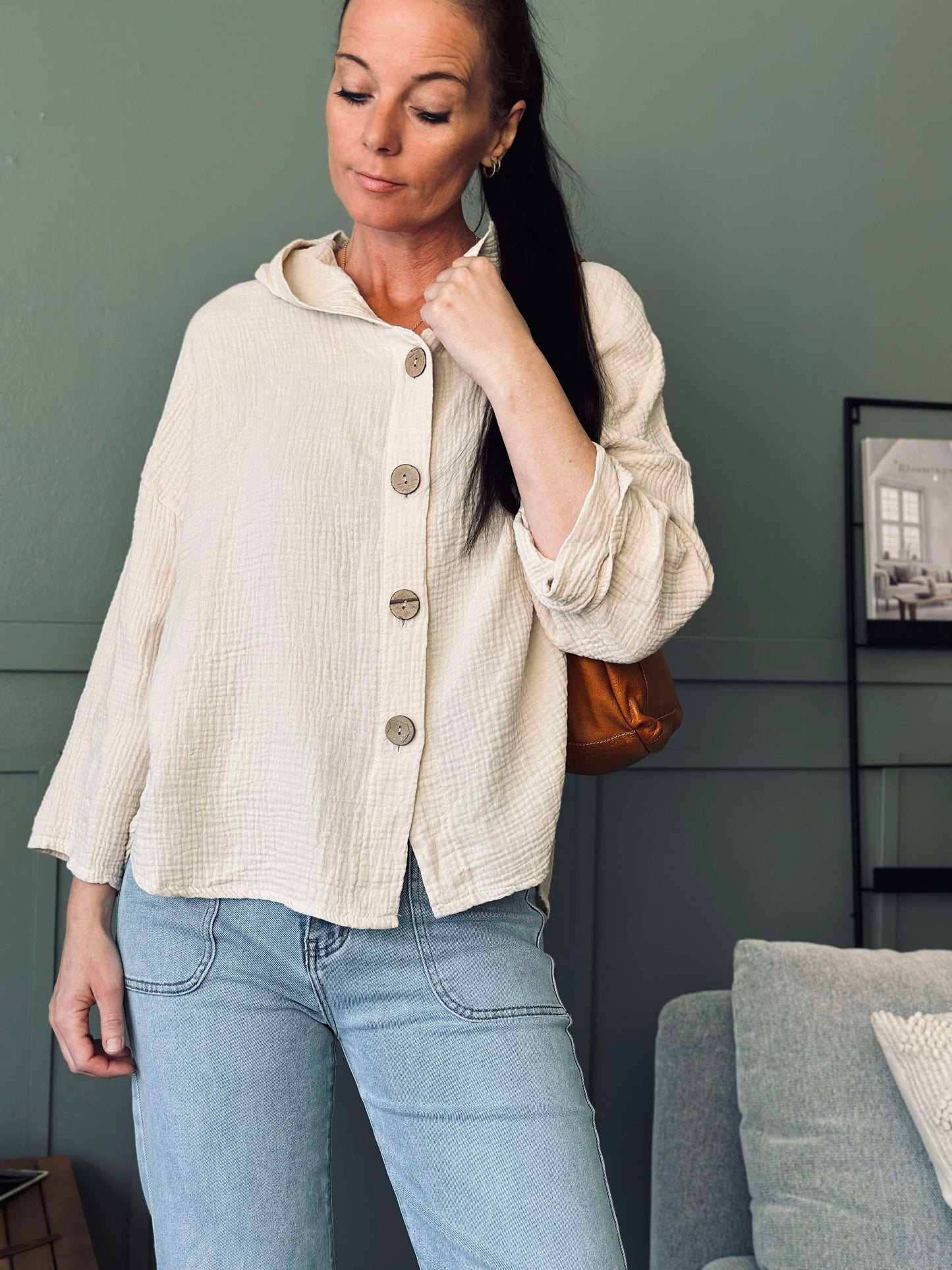 Cardigan i let vaflet bomuld - Creme