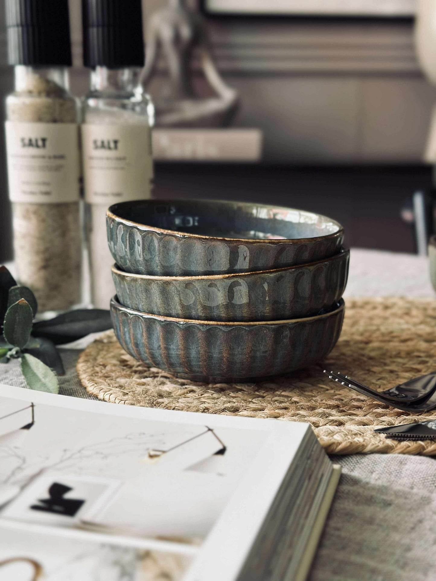 Skål VIGA strib stentøj - Grå / brun