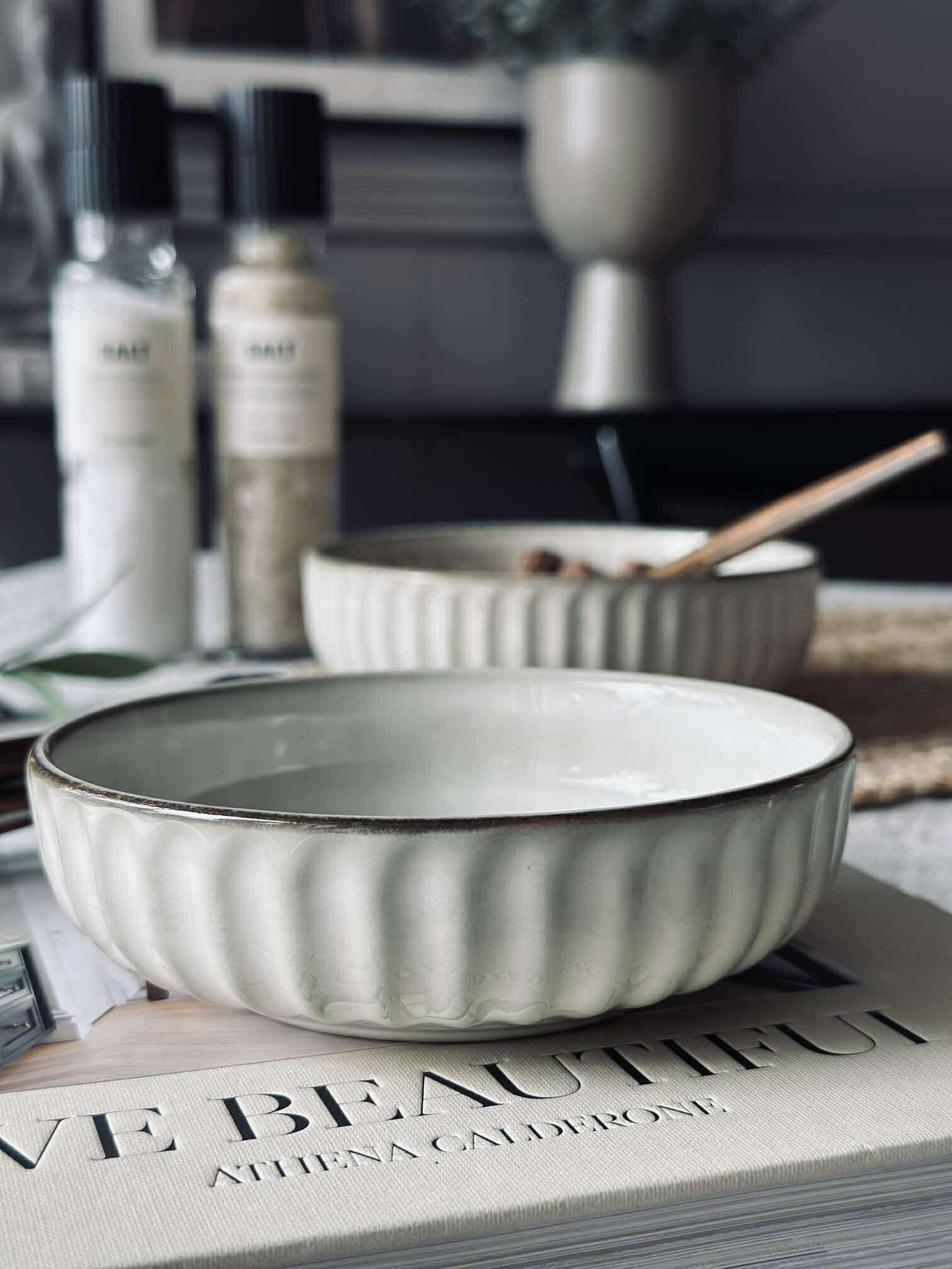 Skål VIGA strib stentøj - Sand flere størrelser