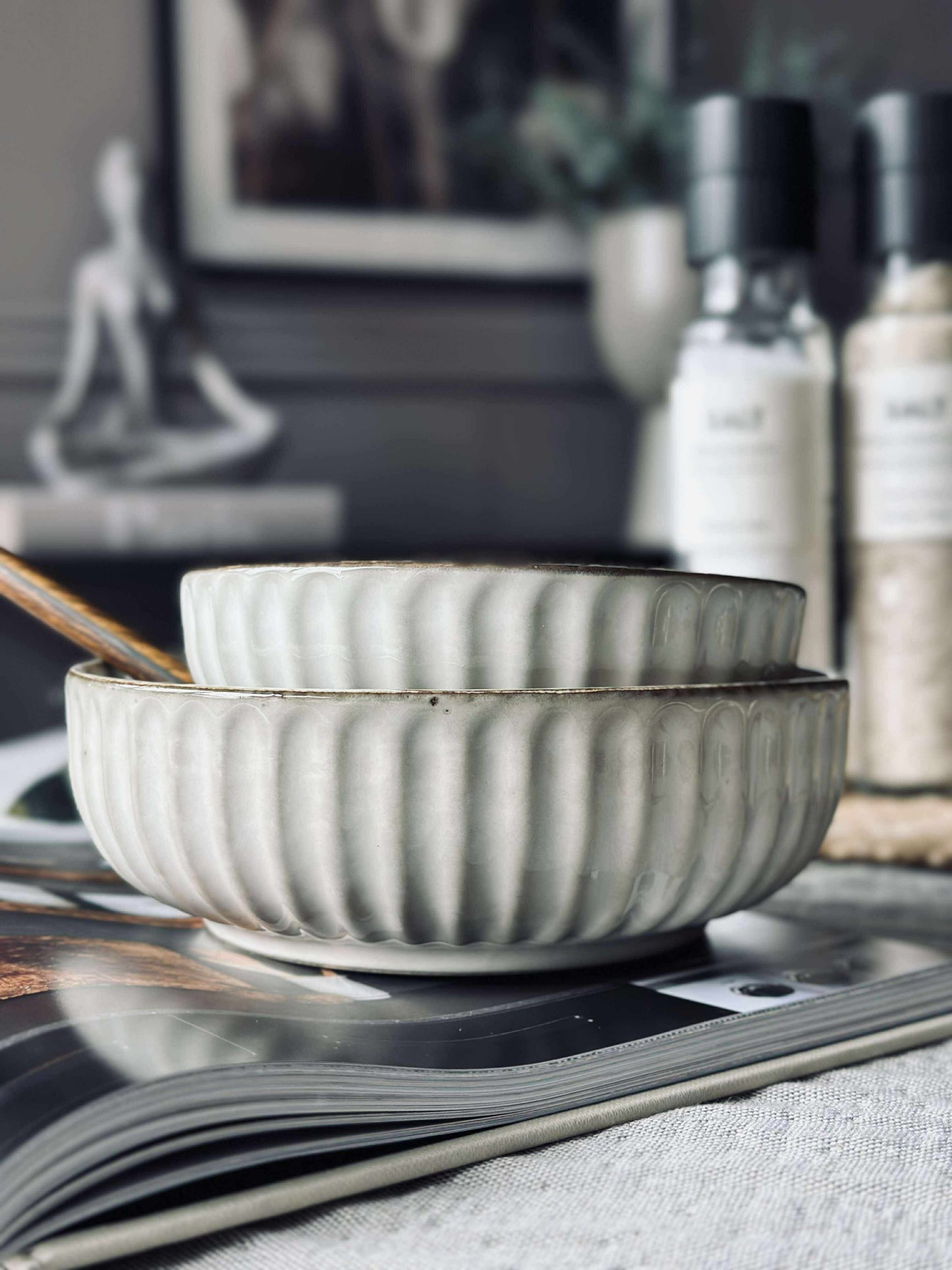 Skål VIGA strib stentøj - Sand flere størrelser