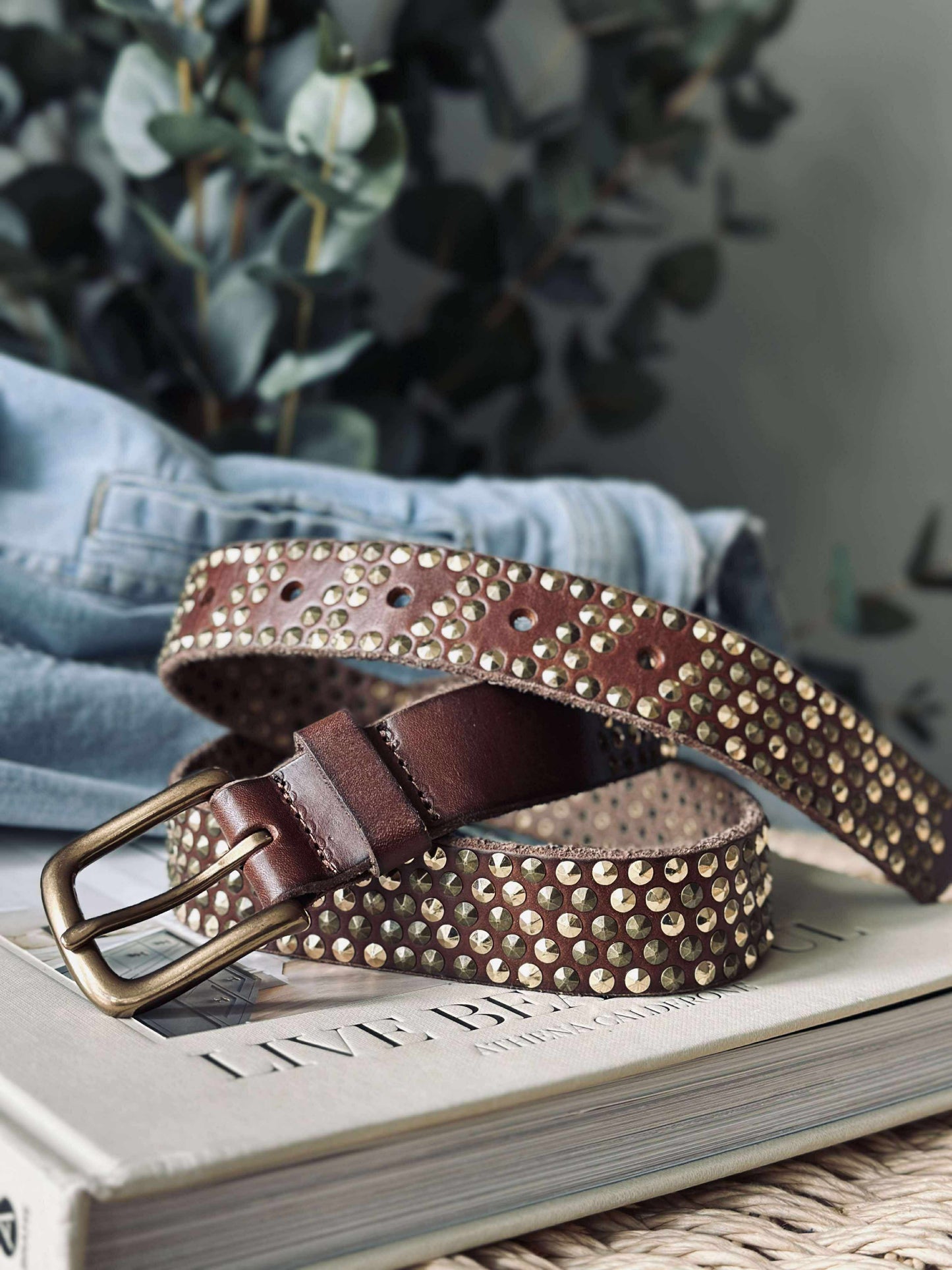 Jeans bælte med nitter - Brown/ gold