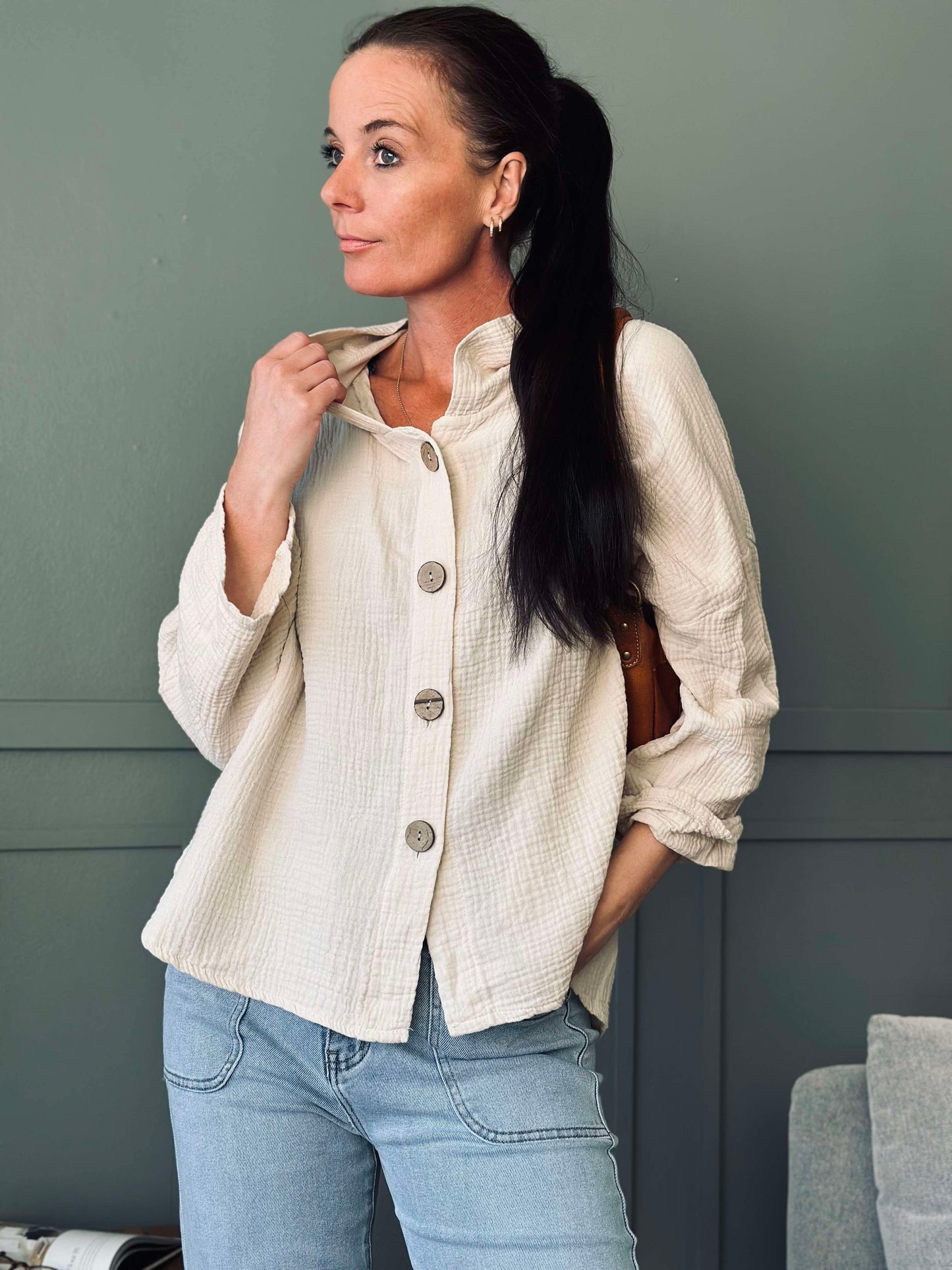 Cardigan i let vaflet bomuld - Creme