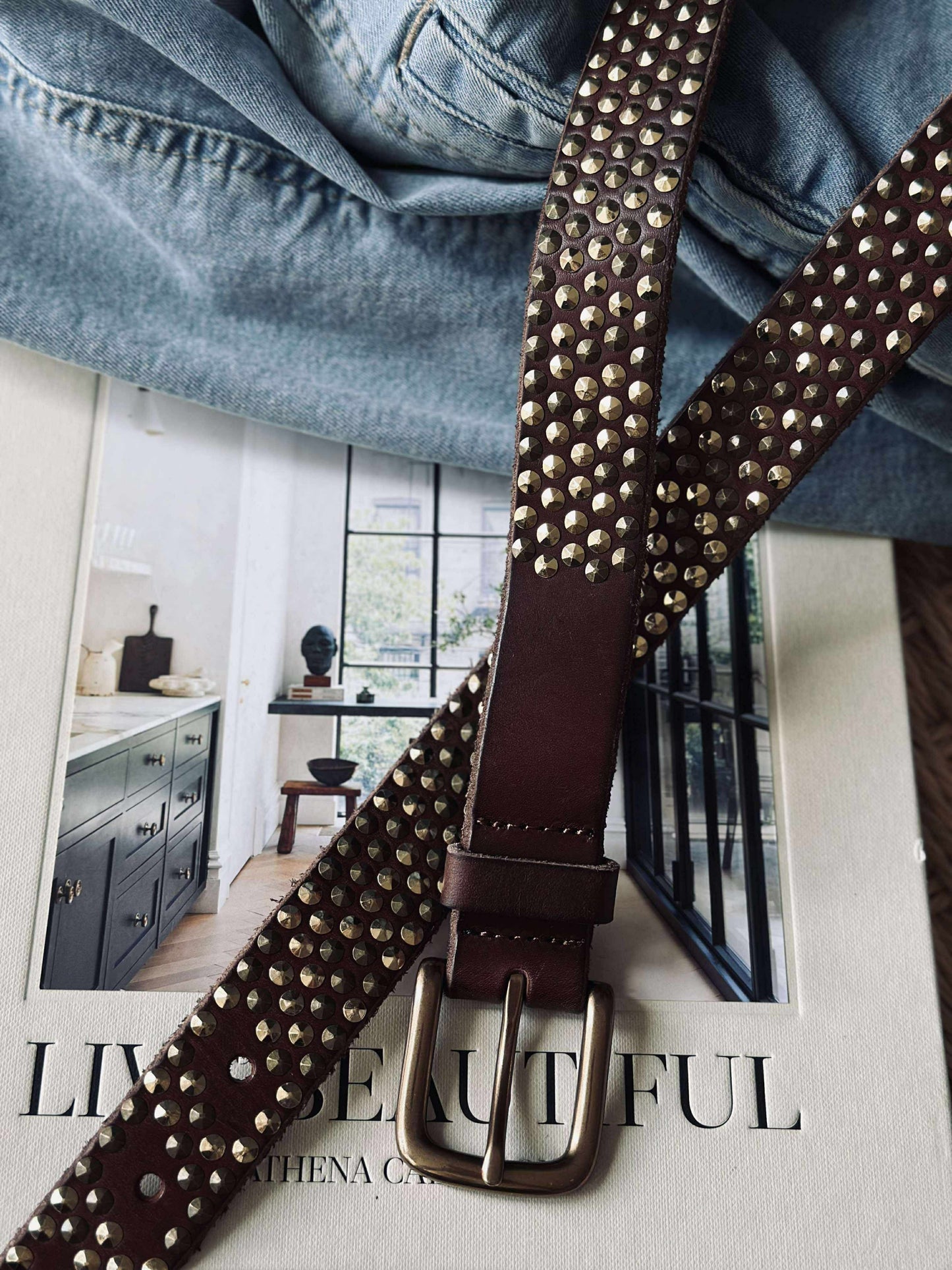 Jeans bælte med nitter - Brown/ gold