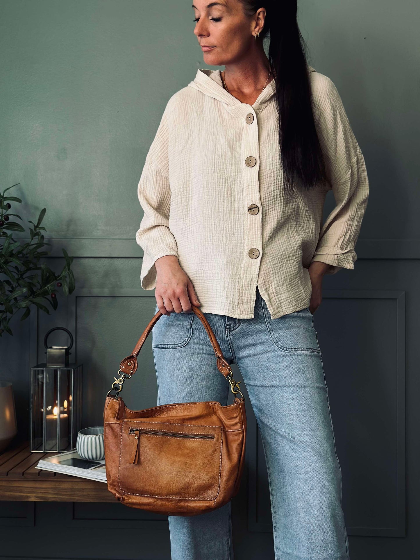 Cardigan i let vaflet bomuld - Creme