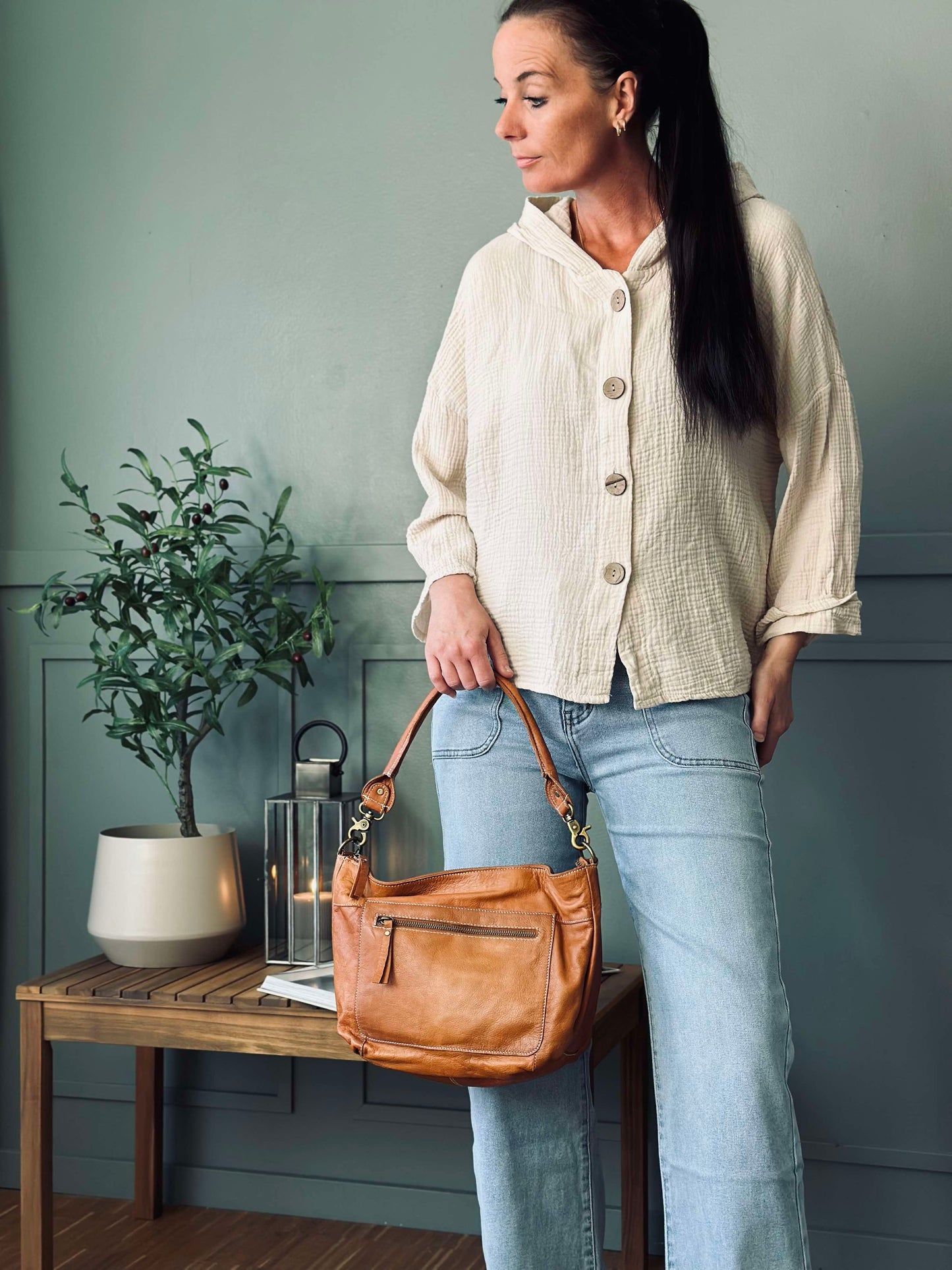 Cardigan i let vaflet bomuld - Creme