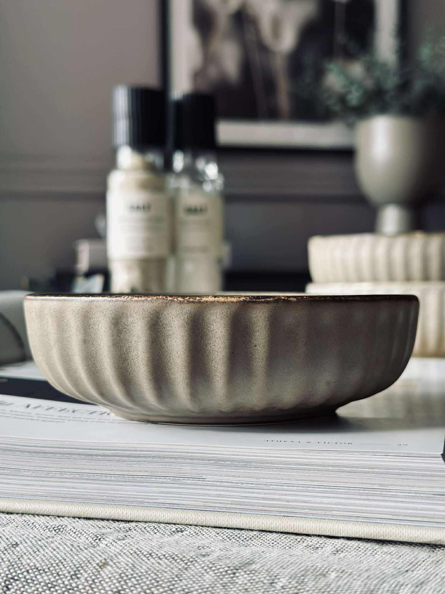 Skål VIGA strib stentøj - Mat brun 12cm