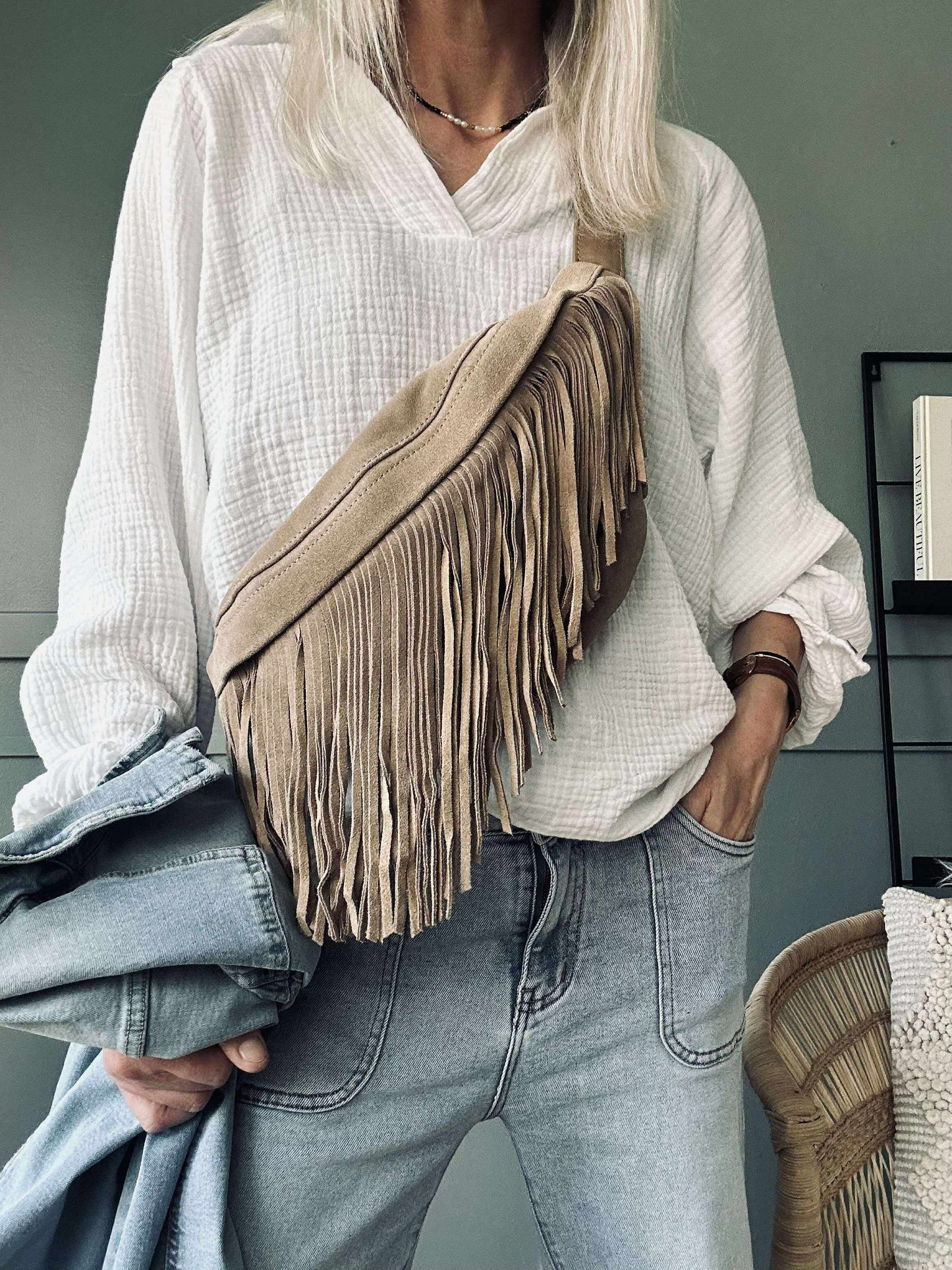 Bumbag med frynser - Sand