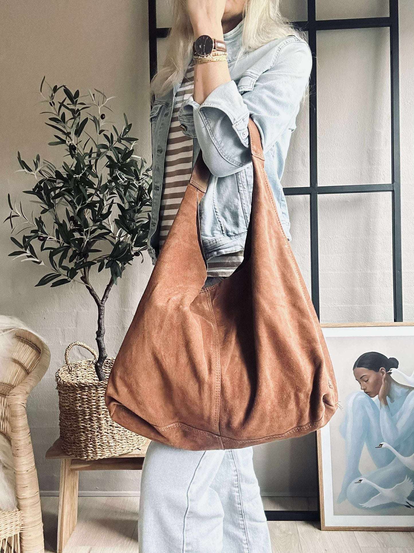 Shopper i blødt ruskind - Cognac