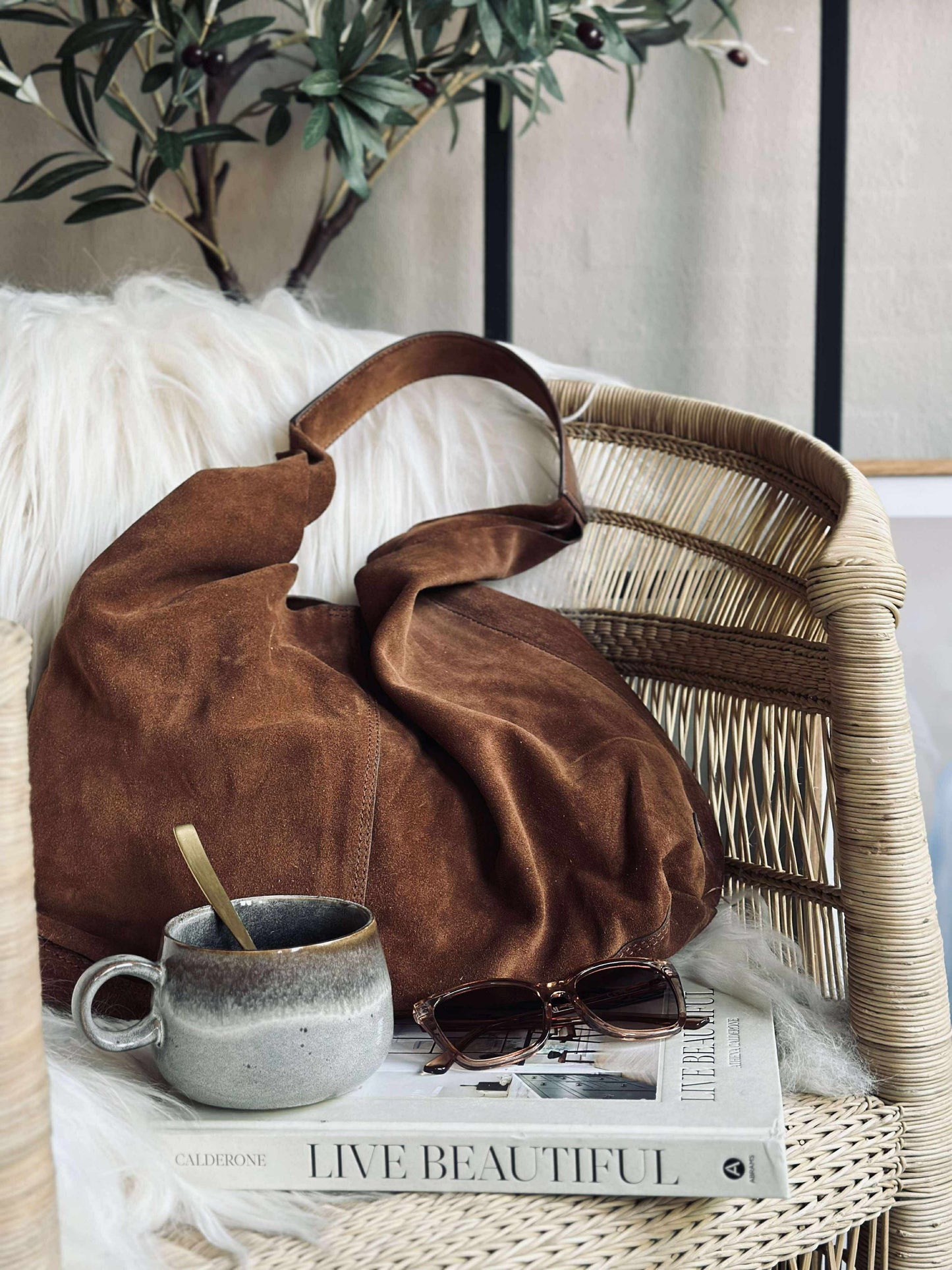 Shopper i blødt ruskind - Cognac