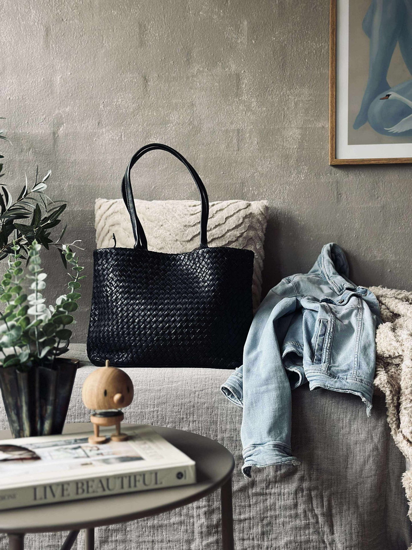 Shopper i flettet skind - Black