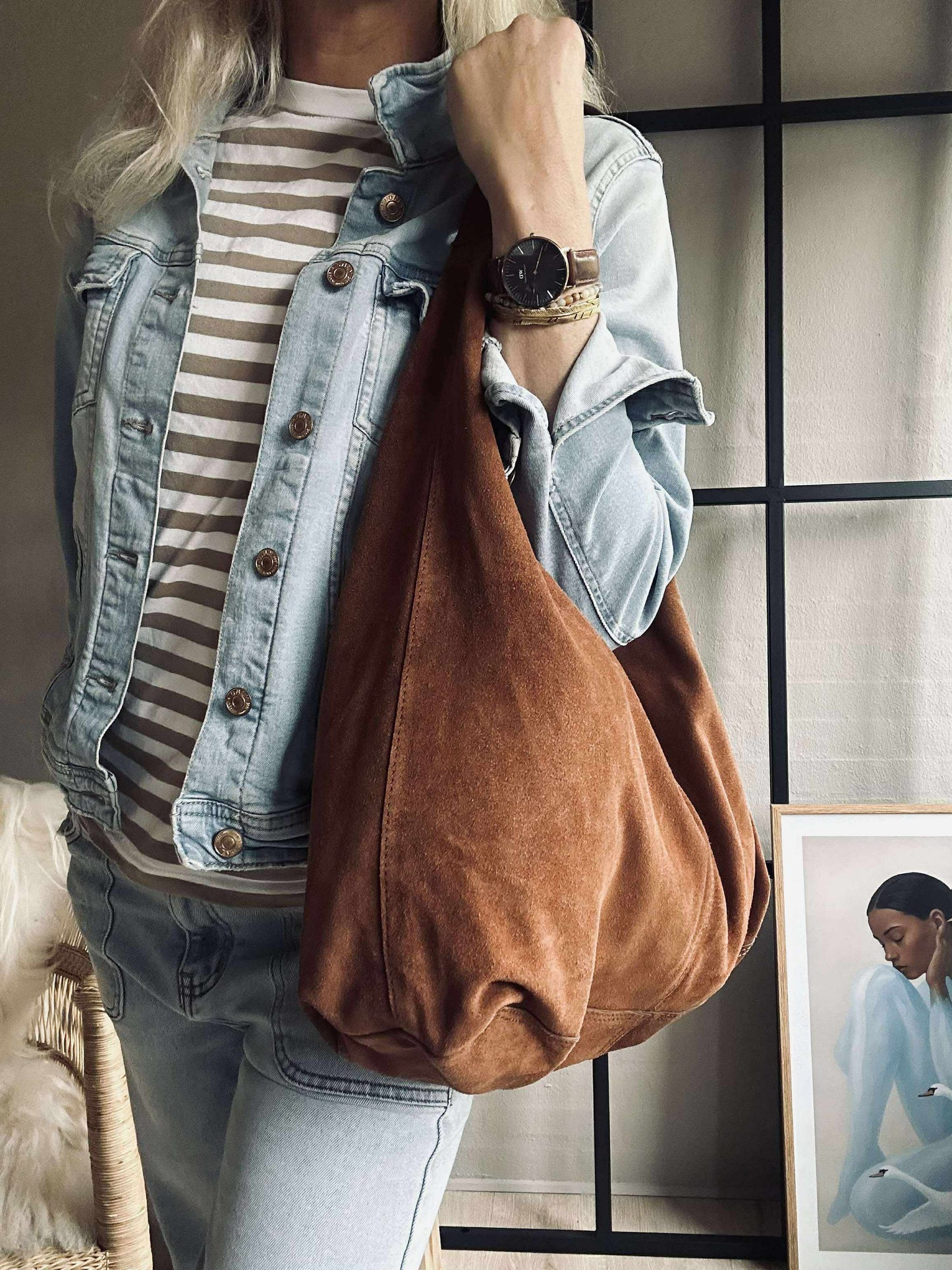 Shopper i blødt ruskind - Cognac