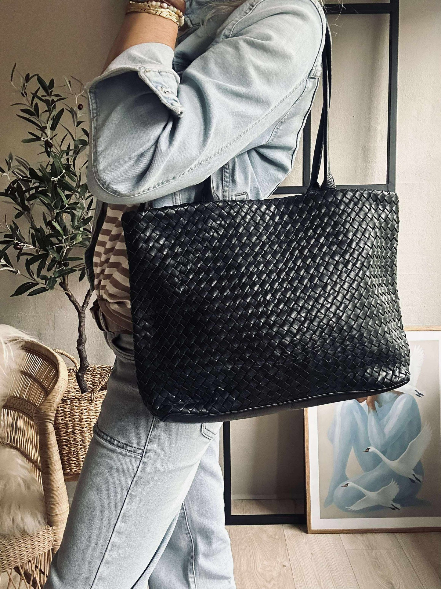 Shopper i flettet skind - Black