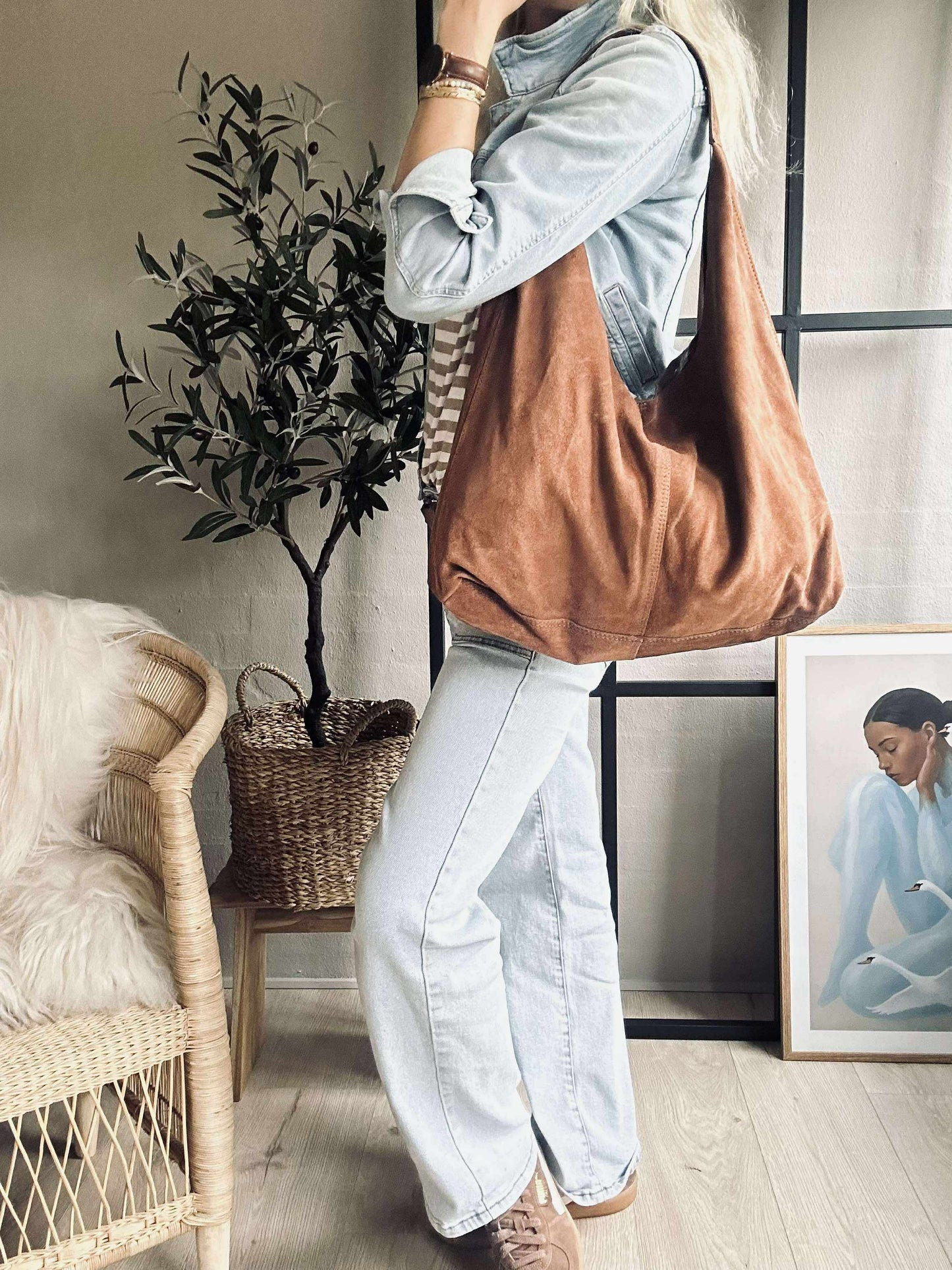 Shopper i blødt ruskind - Cognac