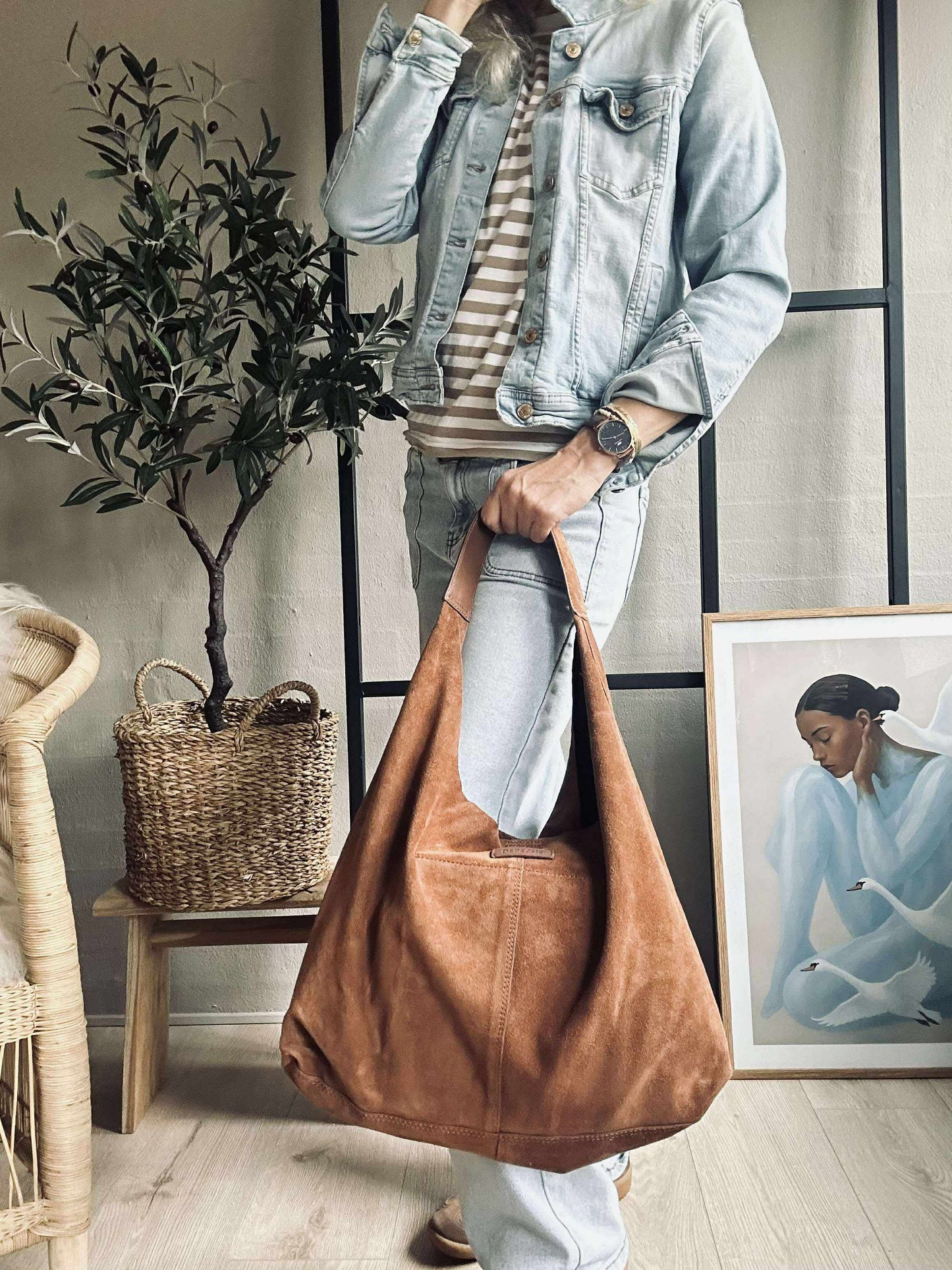 Shopper i blødt ruskind - Cognac