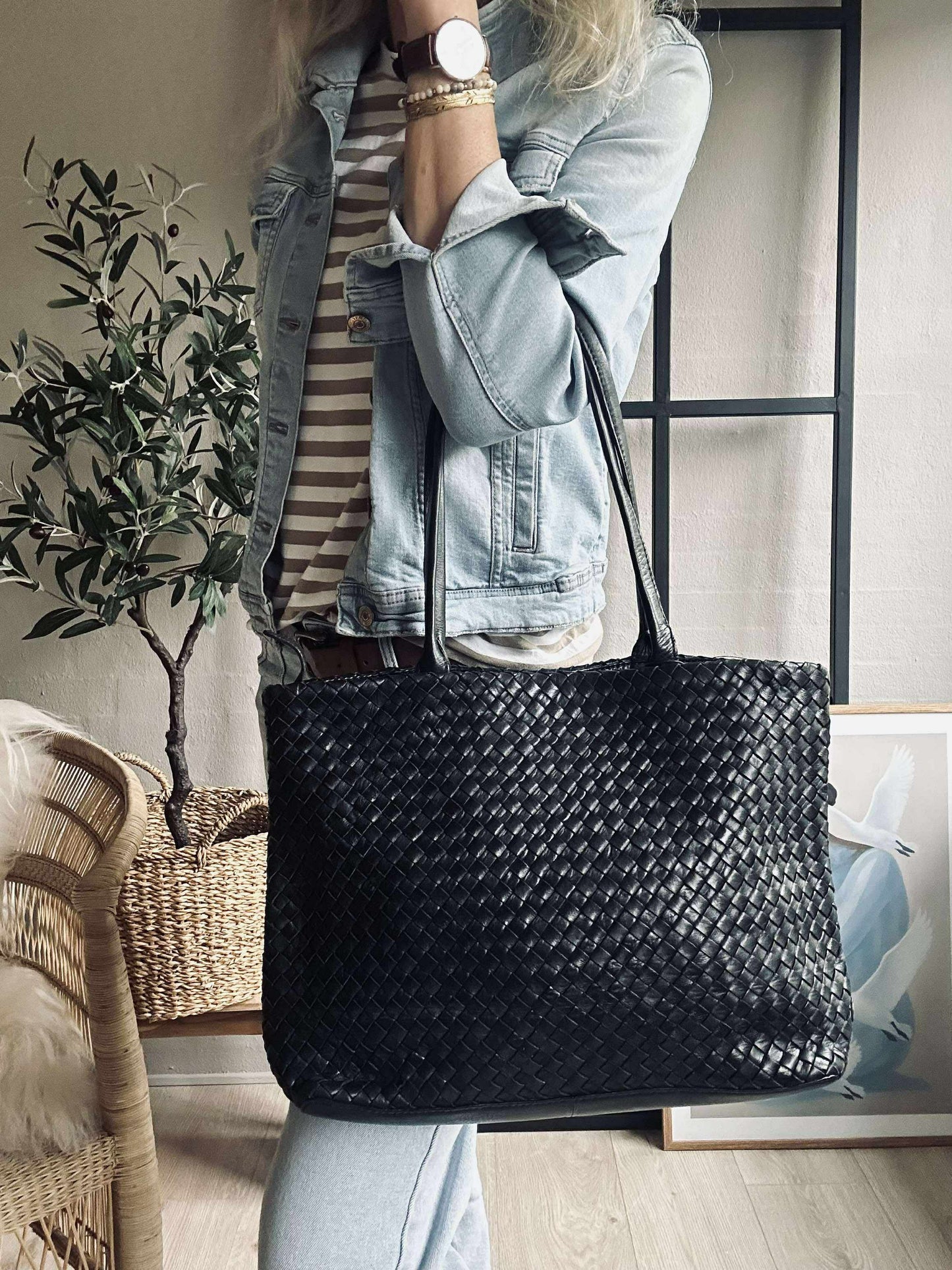 Shopper i flettet skind - Black