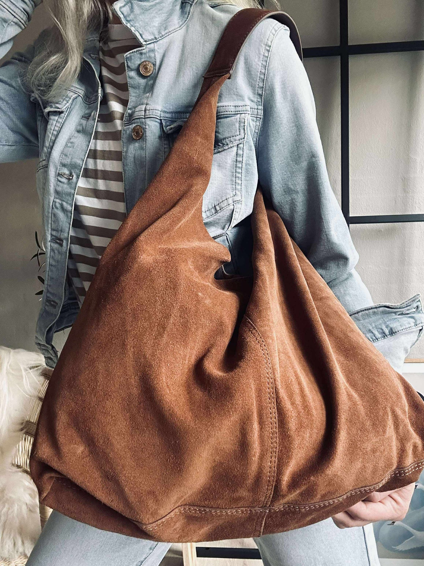 Shopper i blødt ruskind - Cognac
