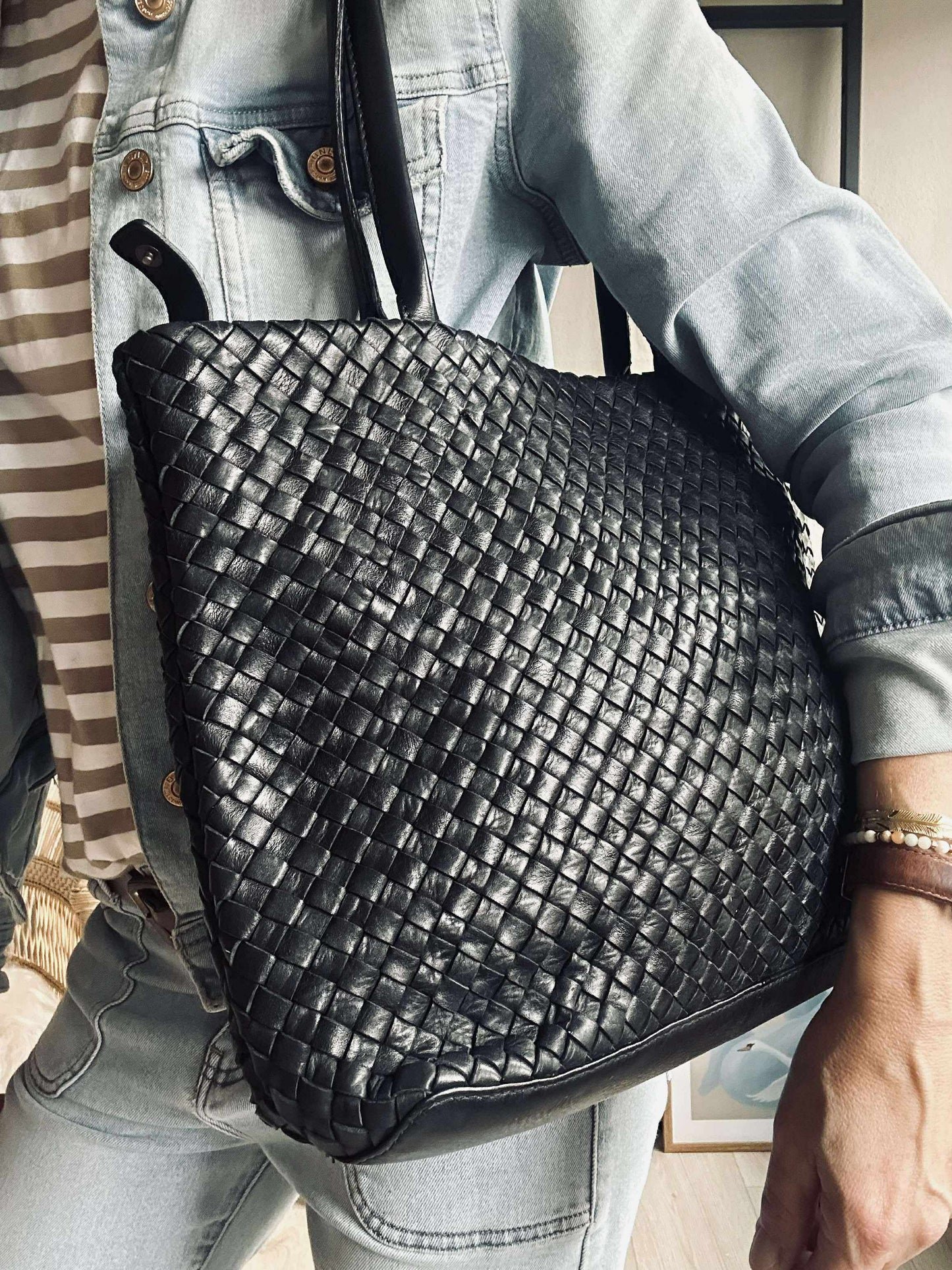 Shopper i flettet skind - Black