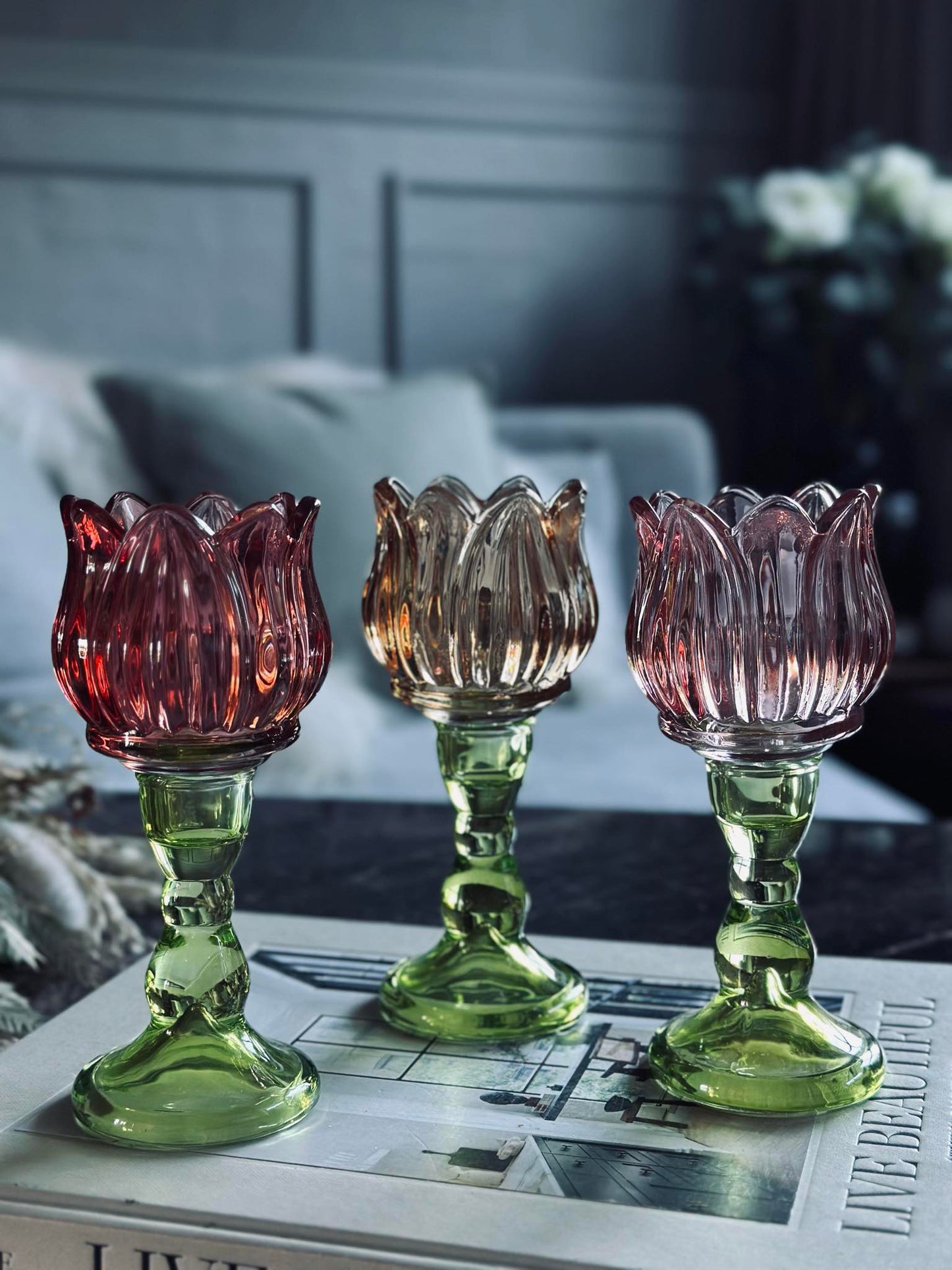 Lysestage flower Mørk rosa