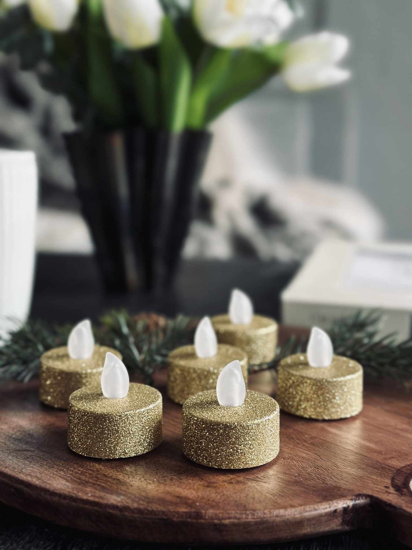 Fyrfadslys med led - Gold glitter 6 stk.