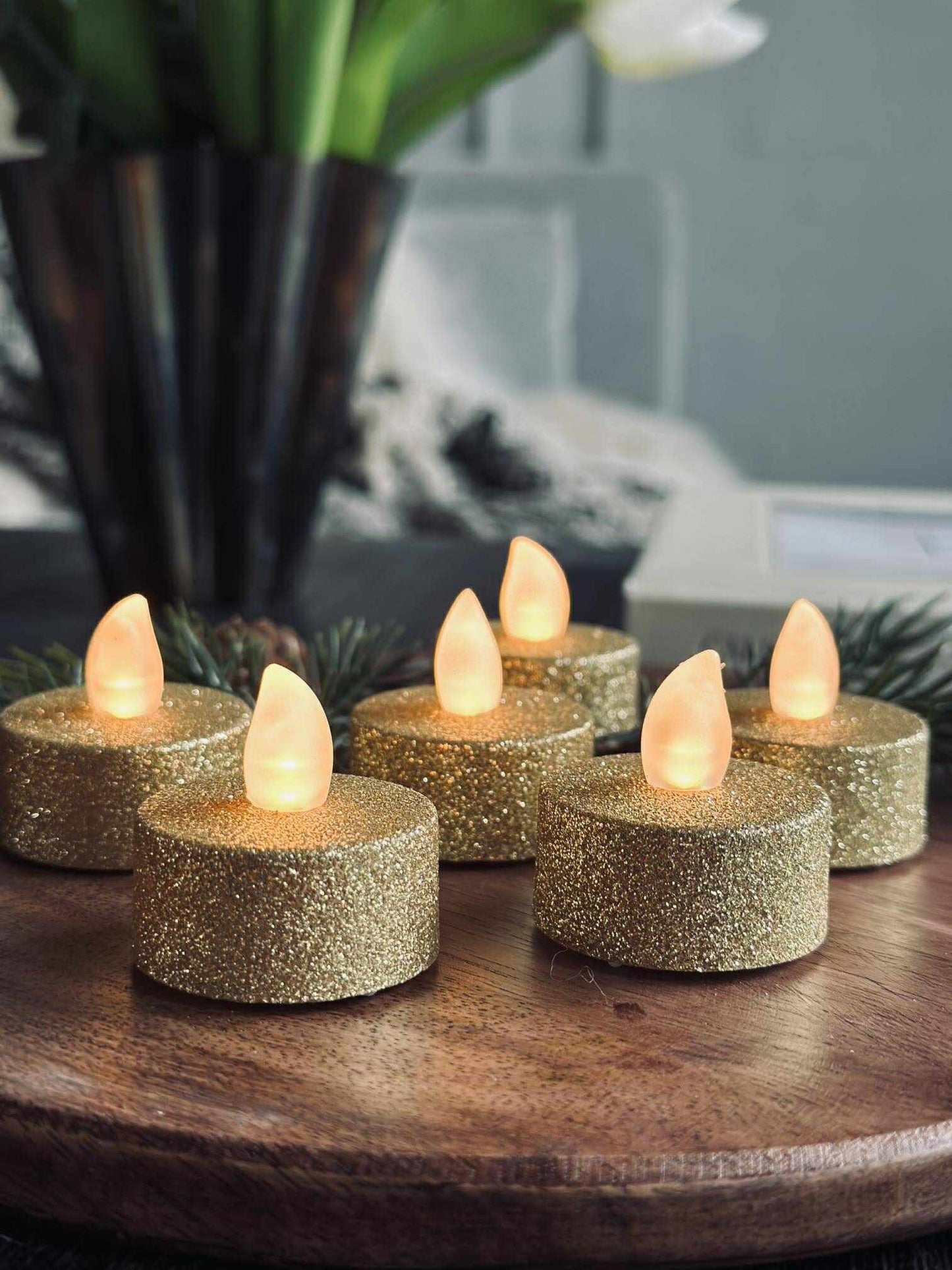 Fyrfadslys med led - Gold glitter 6 stk.