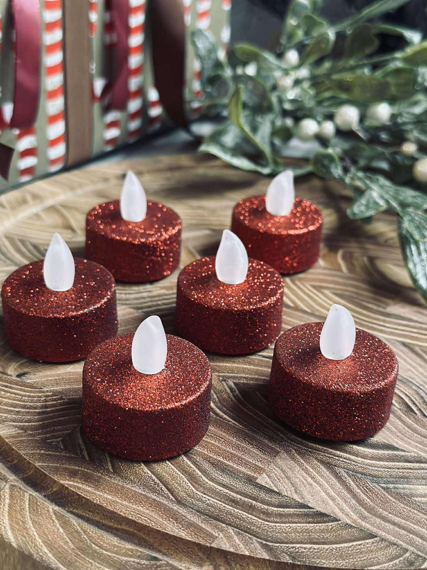 Fyrfadslys med led - Rød glitter 6 stk.