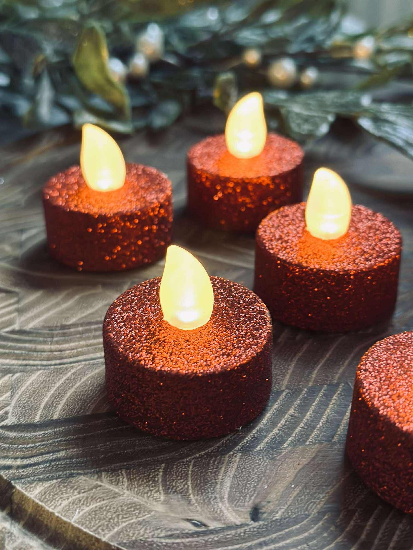 Fyrfadslys med led - Rød glitter 6 stk.