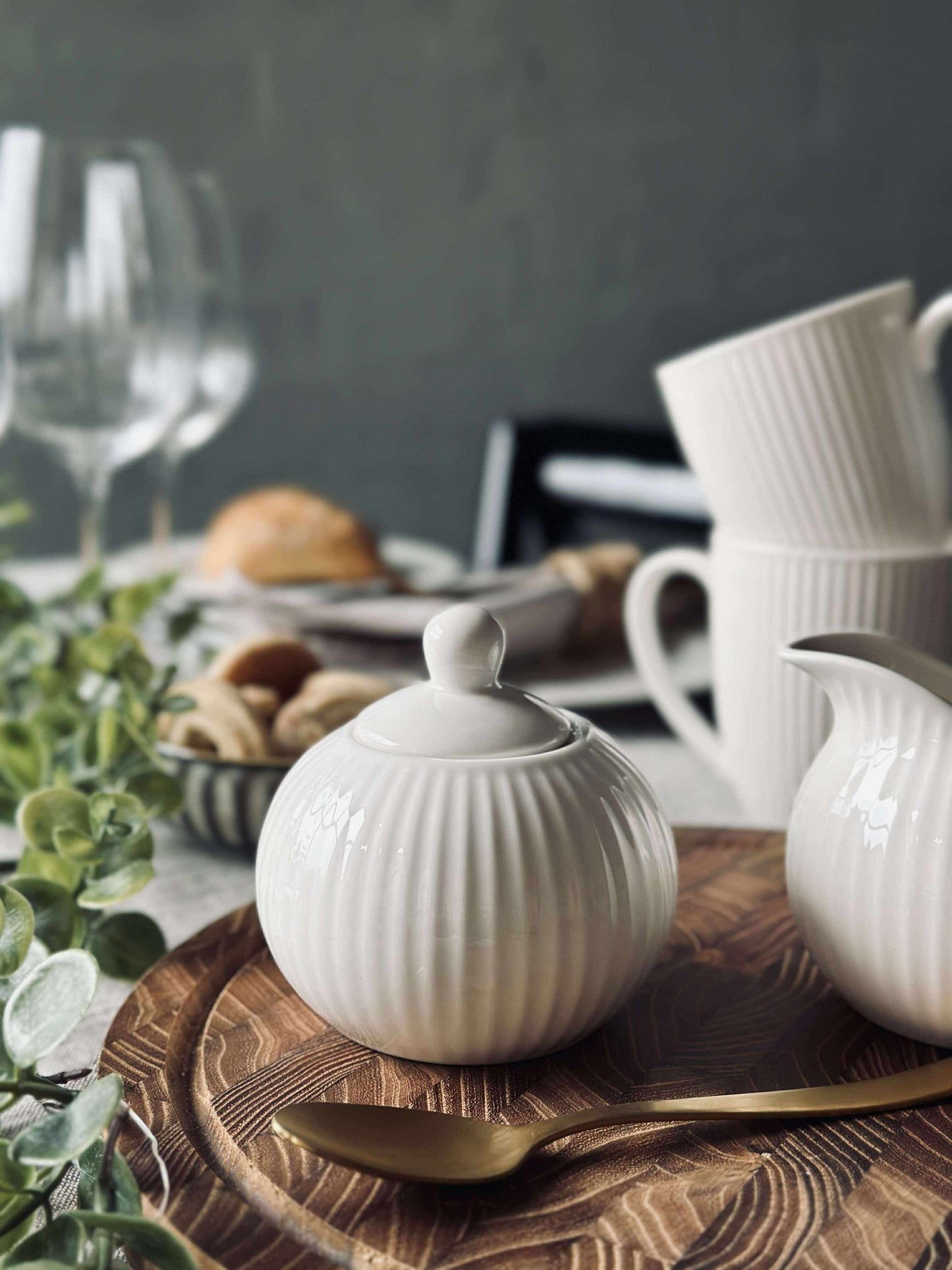 Sukkerskål Riflet - Porcelæn