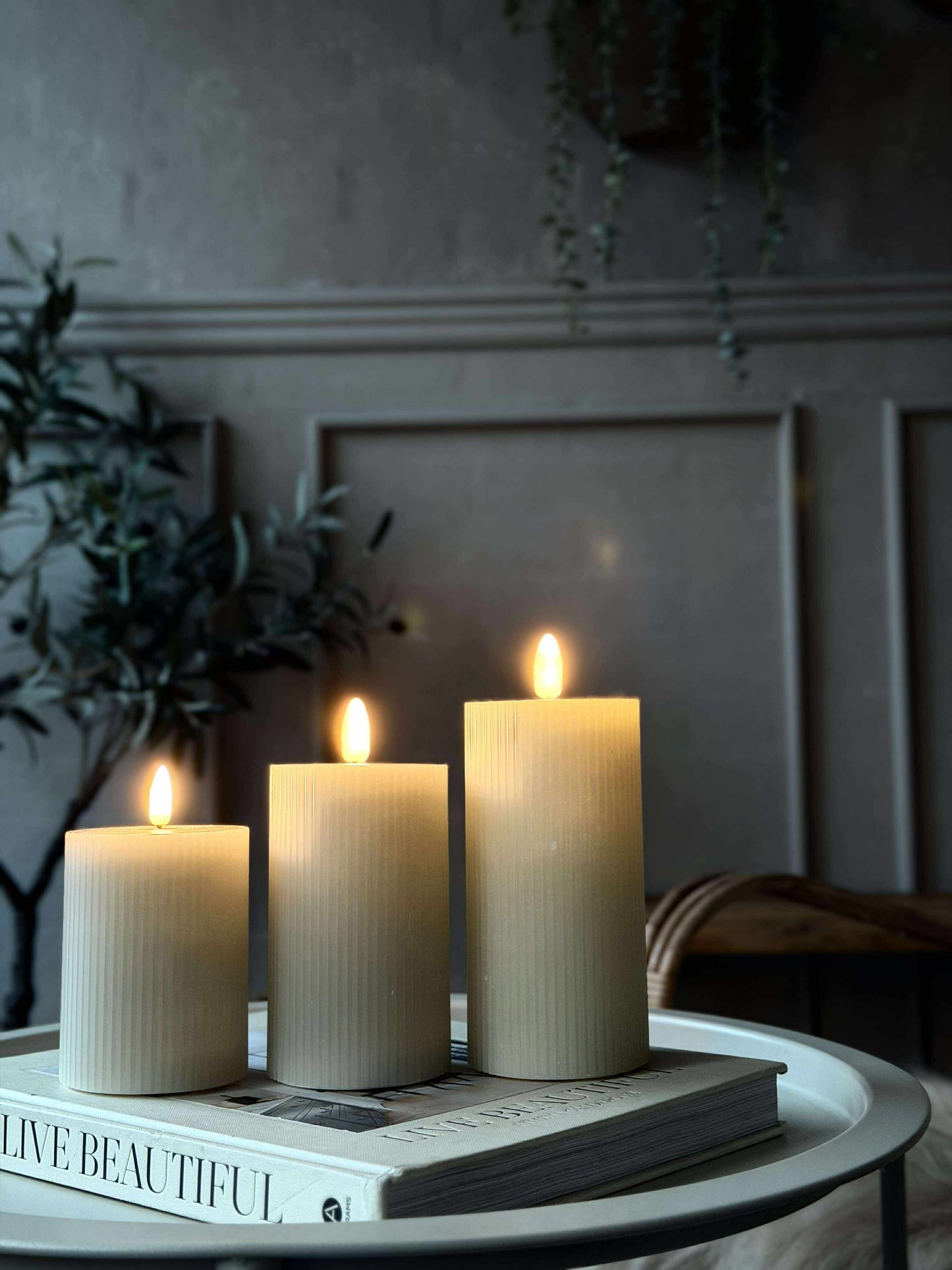 LED Bloklys Mint med riller - Sæt med 3 stk