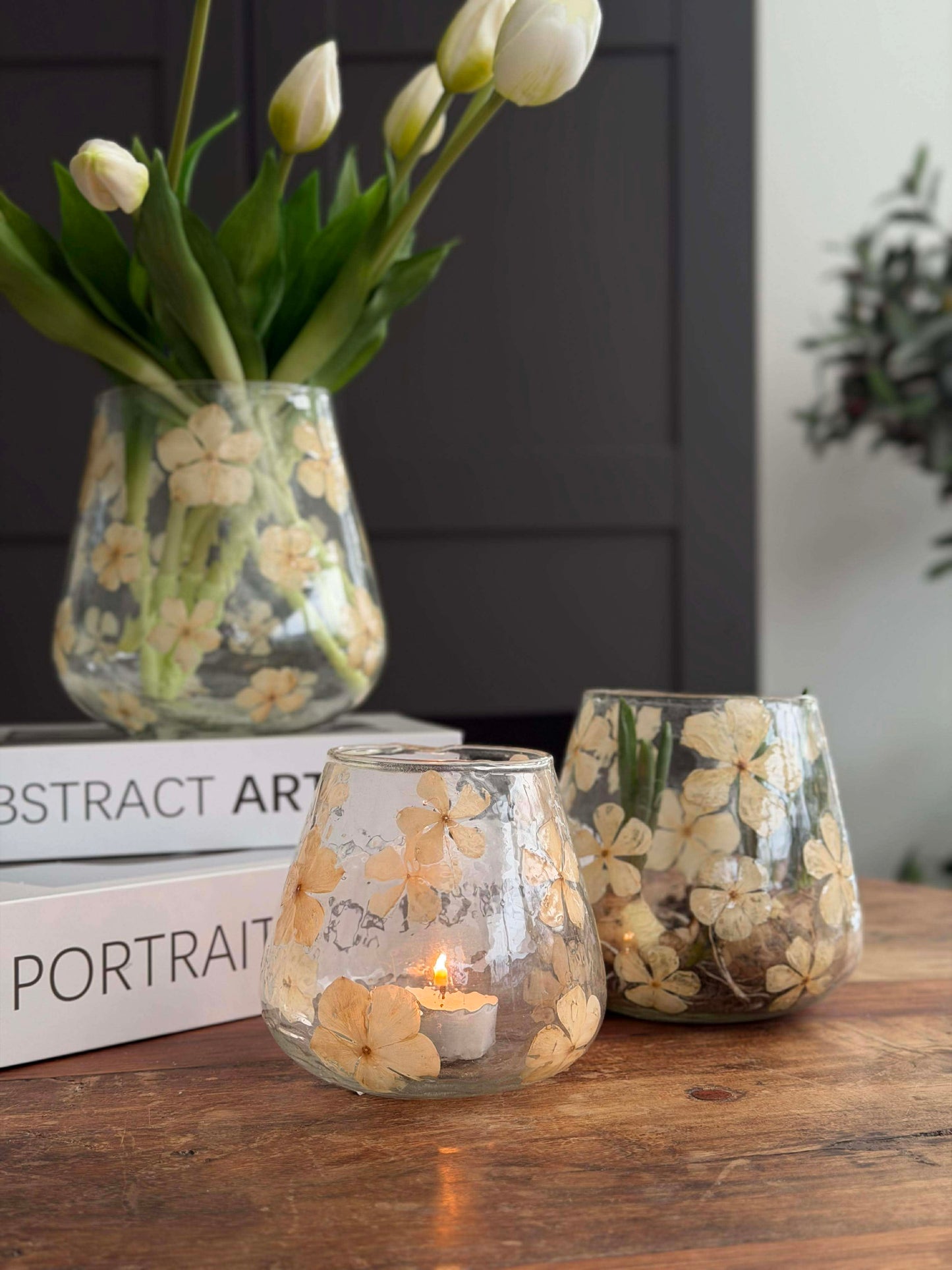 Lysestage - Glas med blomster - flere størrelser