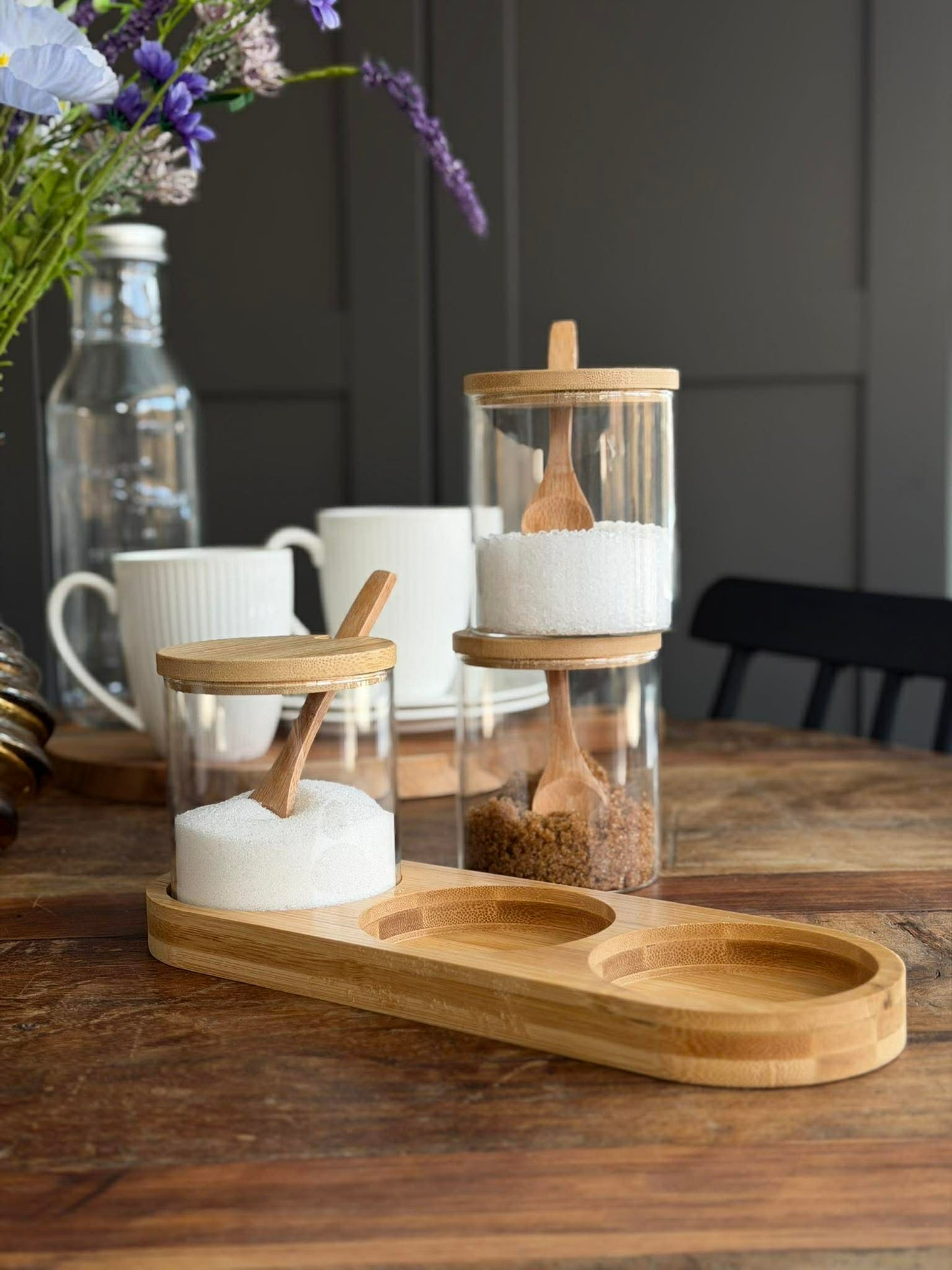 Bakke sæt med bakke, 3 glas og skeer